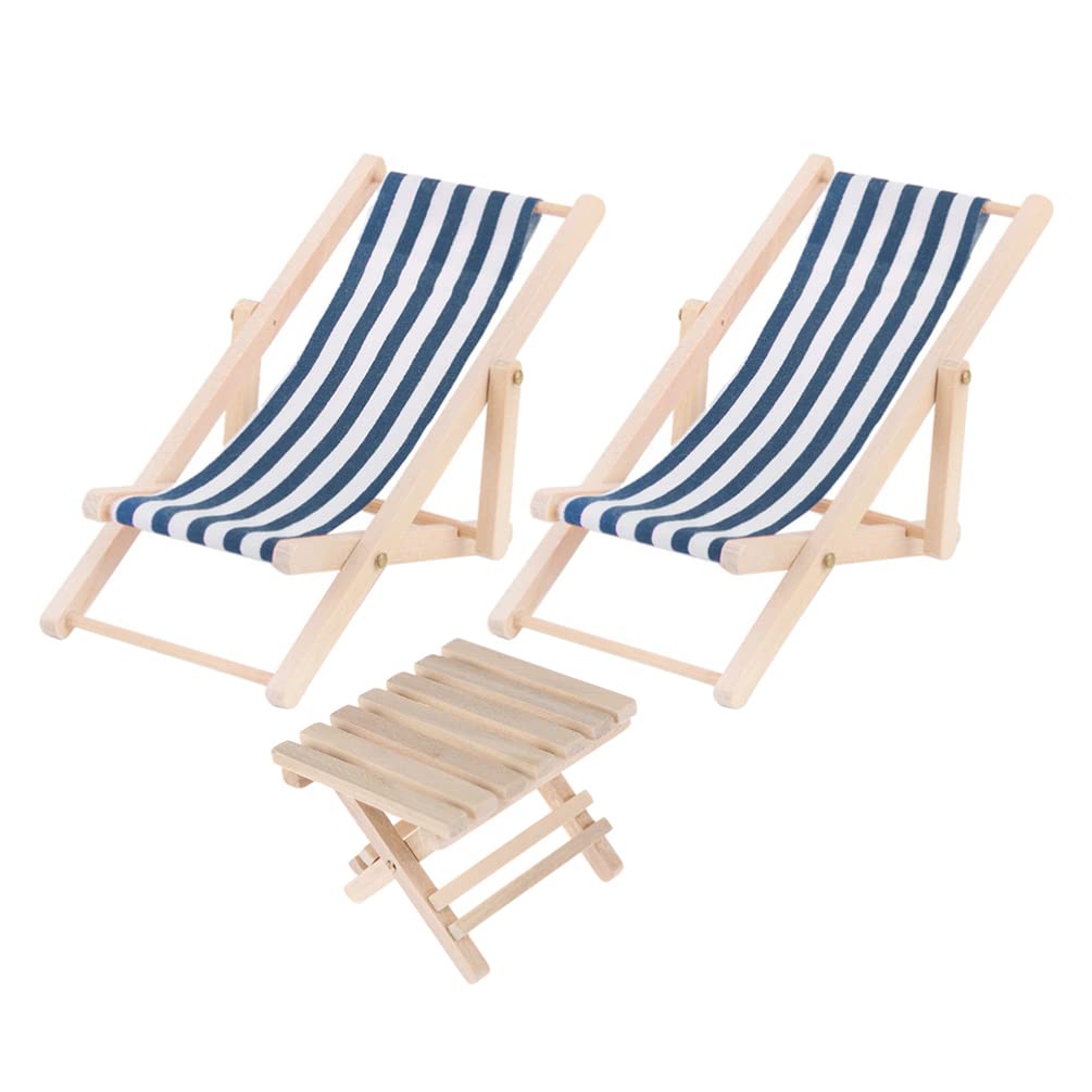 NUOBESTY 1:12 Scale Miniature Beach Chairs - Mini Wooden Lounge Chair, Foldable Deck Chair for Dollhouse Accessories (Blue) - Perfect for Dollhouse Decor, Miniature Scenes, and DIY Craft Projects