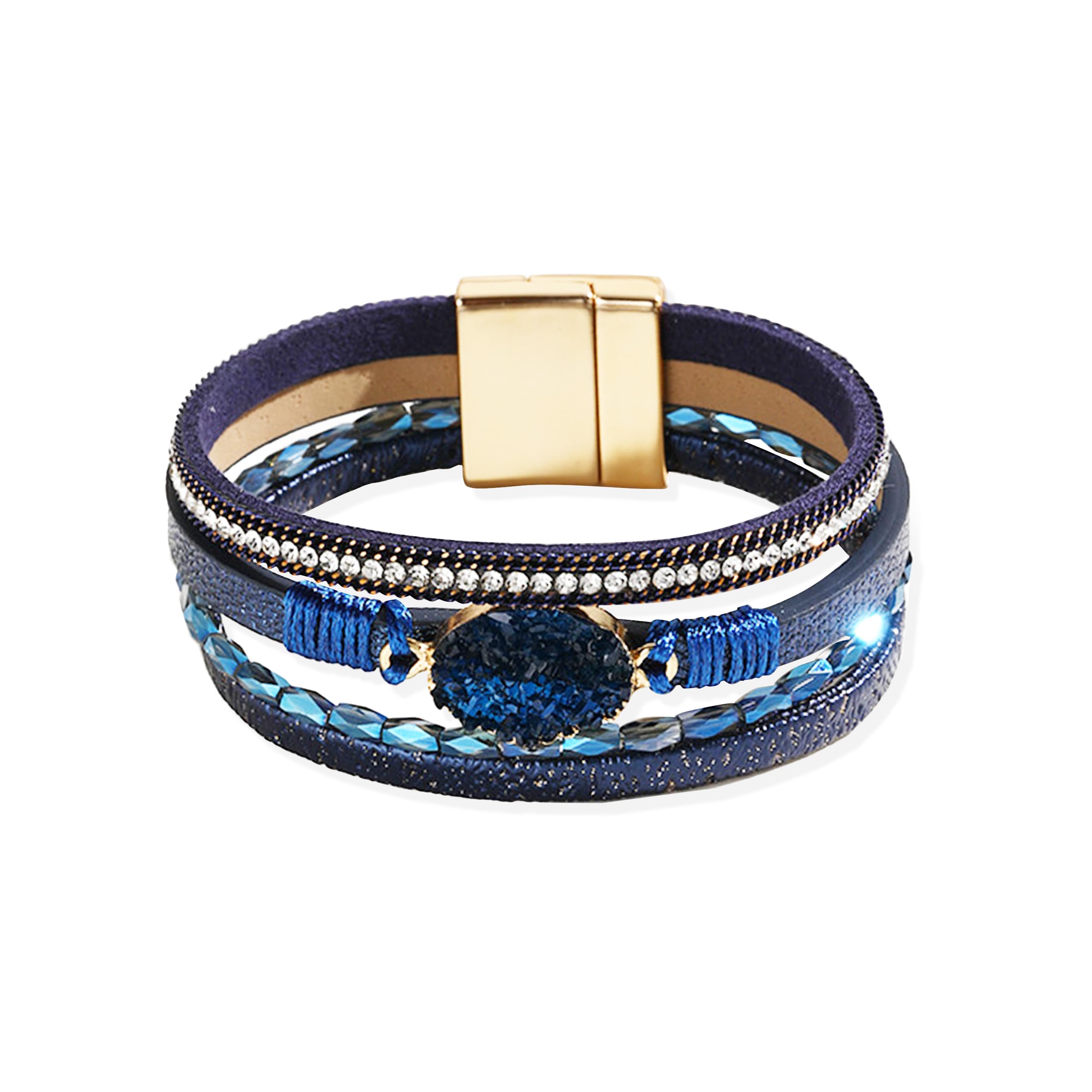 Trendy Blue Leather Wrap Bracelet for Women - Stackable Multi-Layer Cuff Bracelet - Western Style Jewelry for Everyday Wear & Layering Outfits