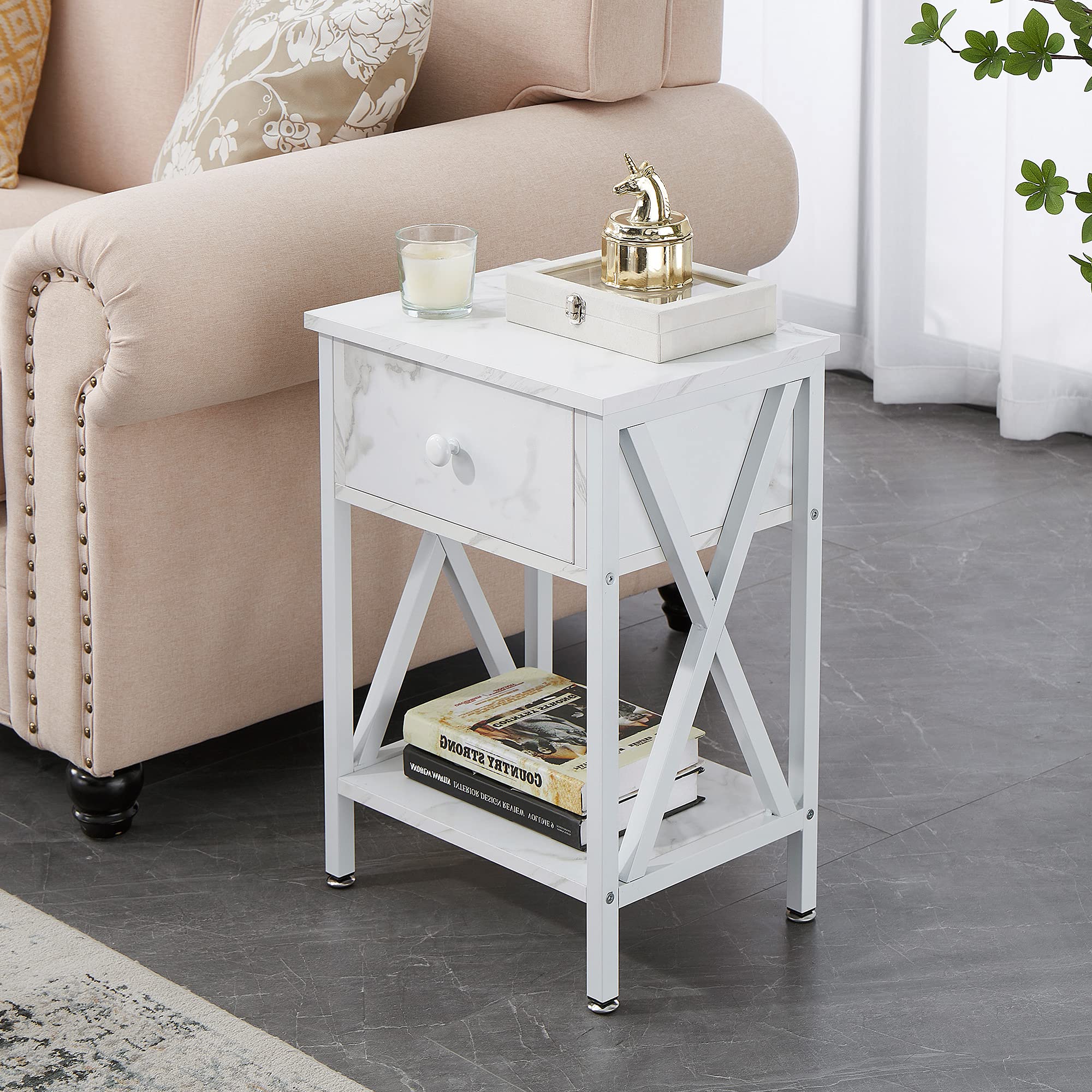 Modern Night Stand with Storage Drawer - X-Design End Table for Bedroom, Living Room & Office - Set of 2 White Nightstands for Small Spaces & Apartment Decor