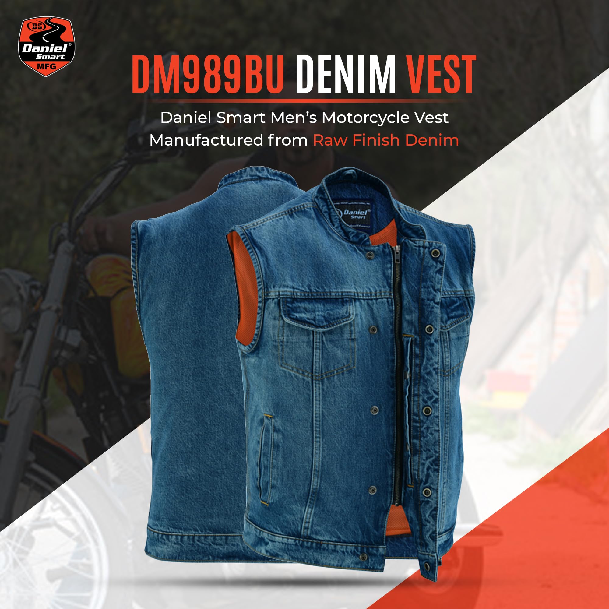Daniel Smart Men's Denim Vest - Scoop Collar Motorcycle Jacket with Concealment Pockets & Hidden Zipper | Stylish Biker Wear for Casual Outings & Motorcycle Rides