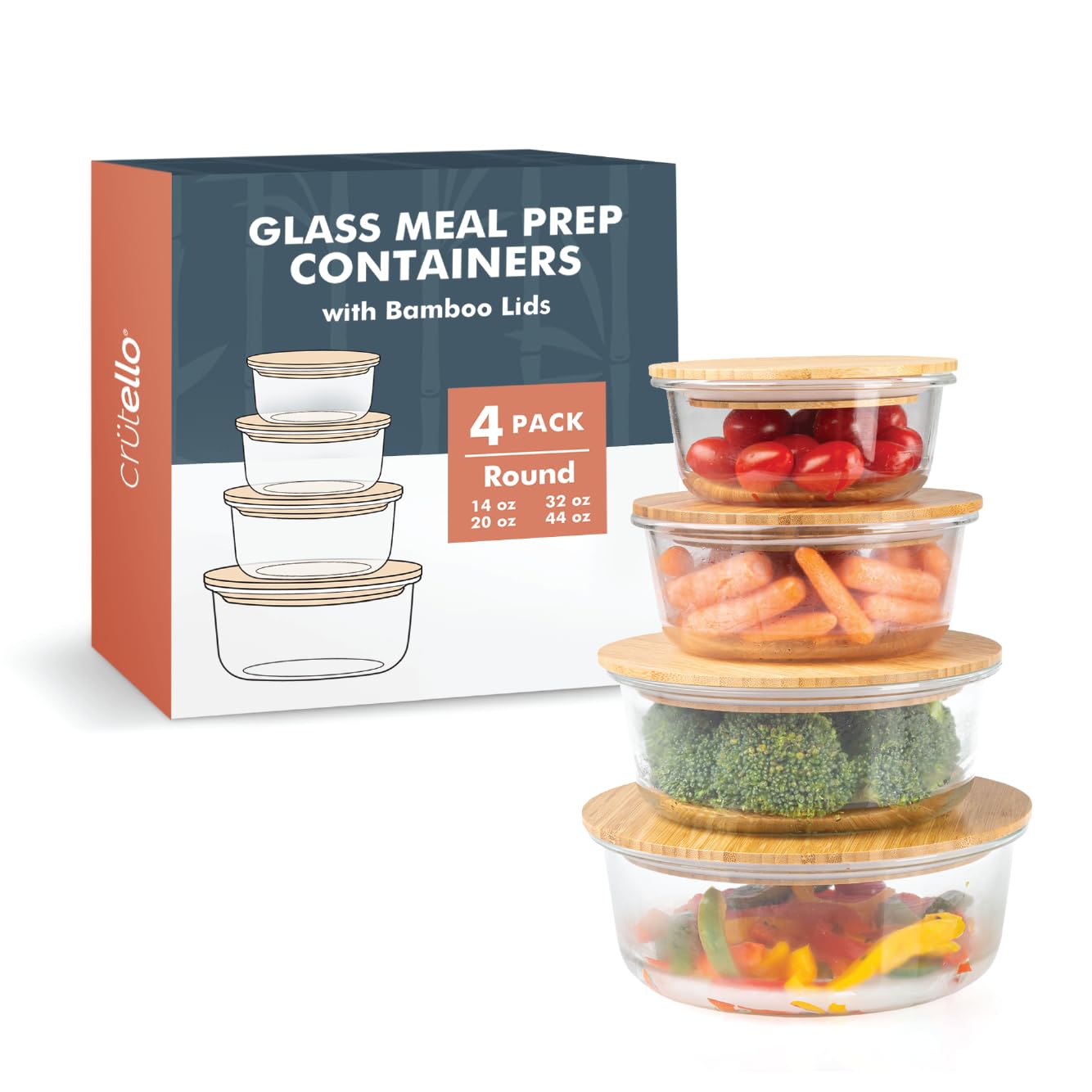 Crutello Glass Meal Prep Containers with Bamboo Lids - 4 Pack Airtight Clear Food Storage Containers for Kitchen Organization | BPA-Free, Leakproof & Stackable | Perfect for Meal Prepping, Leftovers & Pantry Storage | Family-Owned American Brand