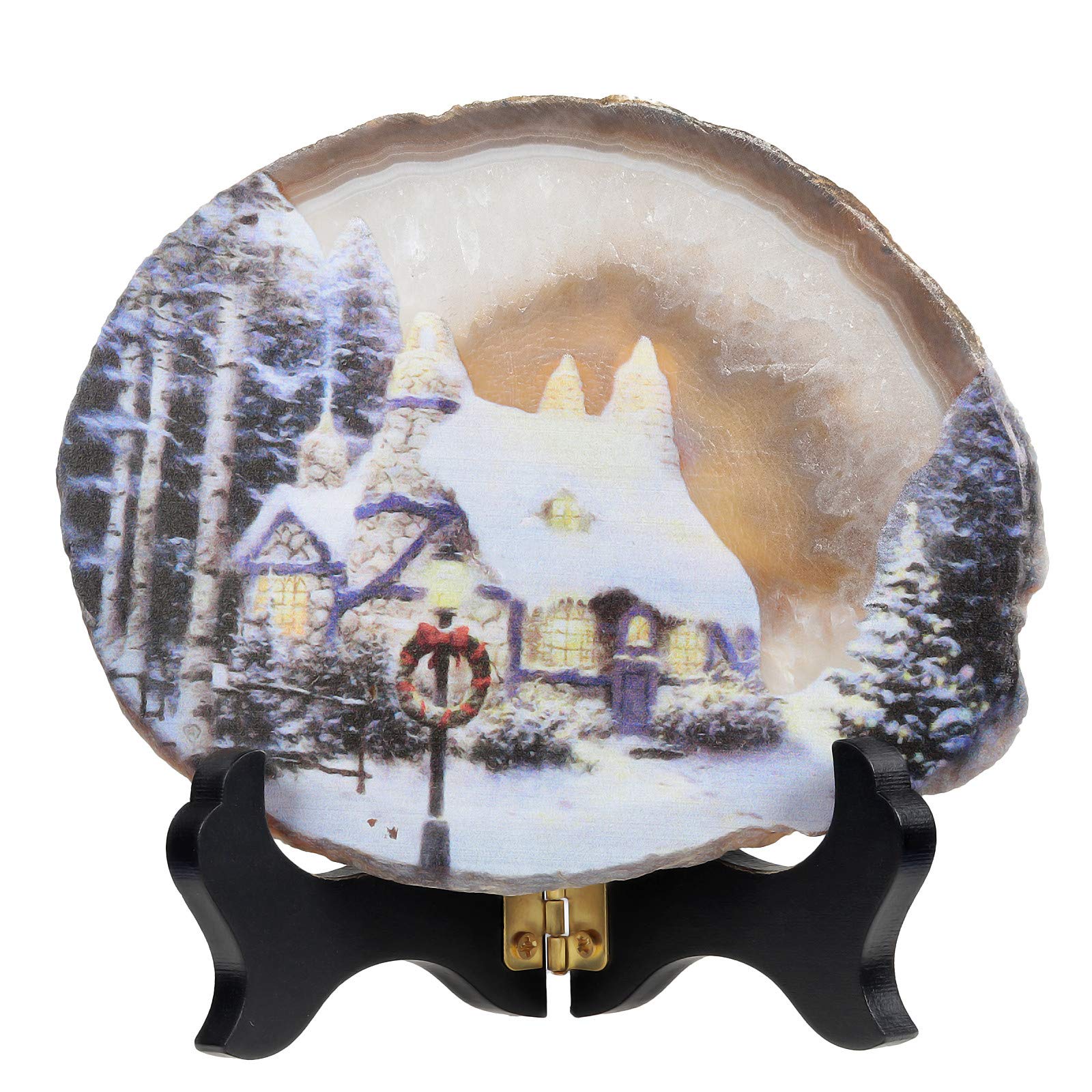 Natural Agate Slice Art Print - Snowy Christmas Night Table Display with Wooden Stand | Irregular Agate Geode Stone Figurine for Office & Home Decor | Perfect Holiday Gift & Winter Home Decoration
