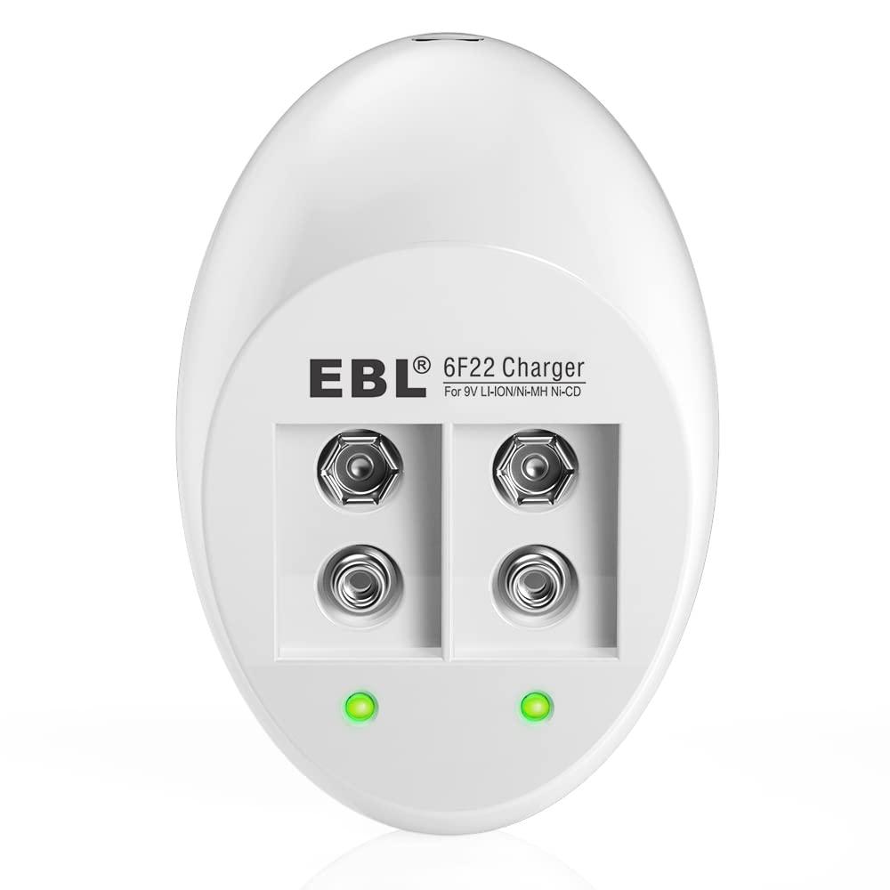 EBL 9V Lithium-ion Rechargeable Batteries (2 Pack) with Smart Charger - Long Lasting Power for Smoke Detectors, Guitar Pedals & Electronic Devices