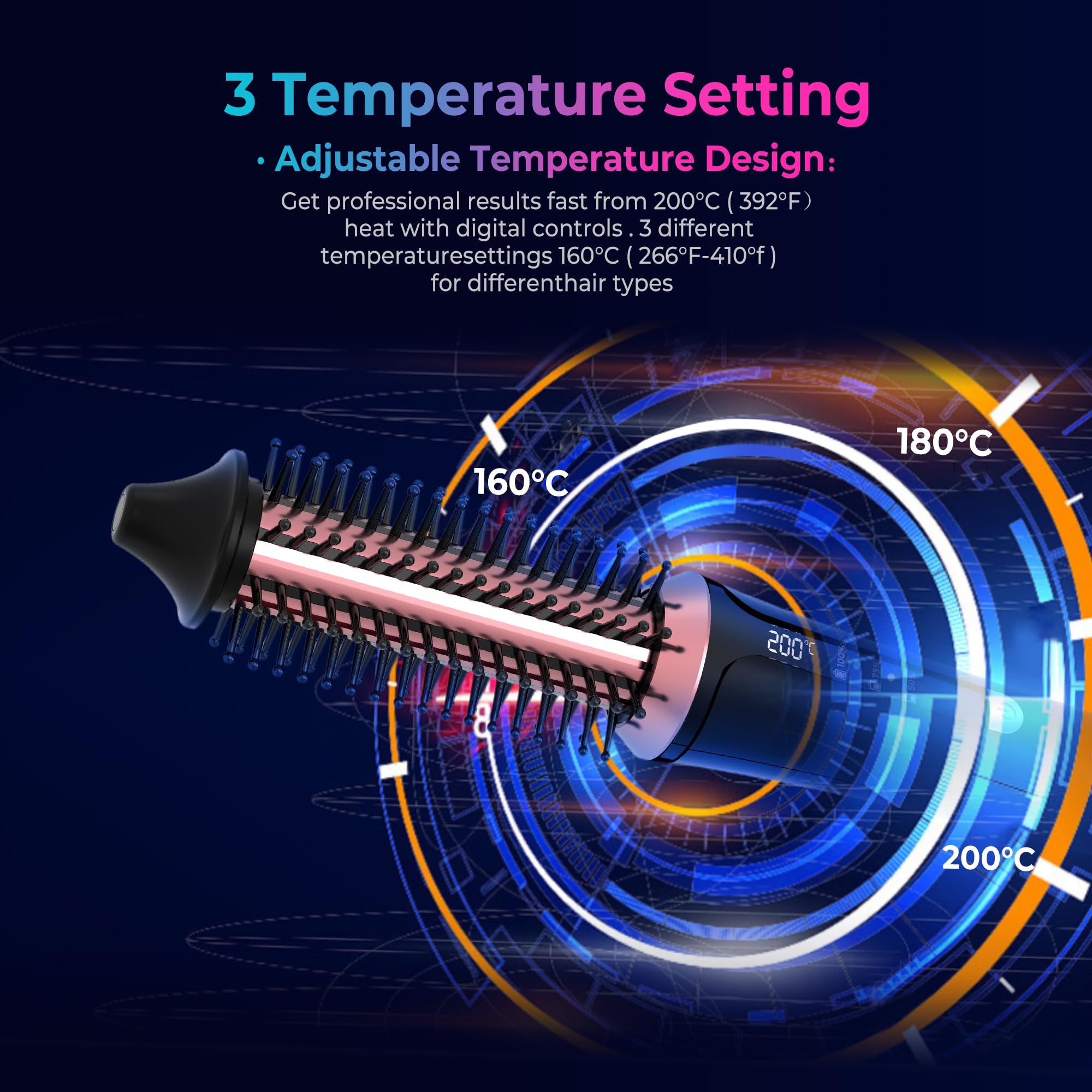 USB Rechargeable 3-in-1 Hot Brush for Hair Styling - 22mm Thermal Round Brush, Volumizer & Curl Brush with 3 Temperature Settings | Cordless Hair Straightener & Styling Tool for Home, Travel & Salon Use (Black)