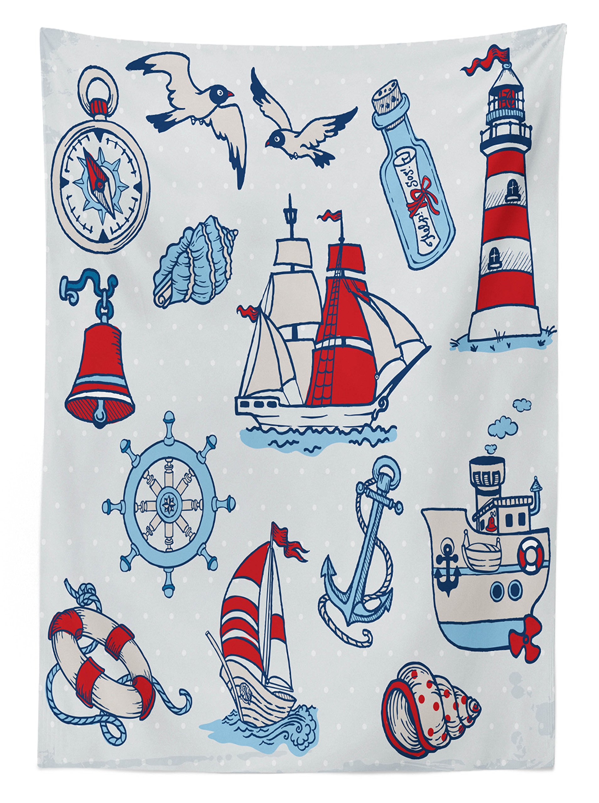 Ambesonne Nautical Outdoor Tablecloth - Waterproof Washable Picnic Table Cover with Sea Creatures, Gulls & Compass Design, 58