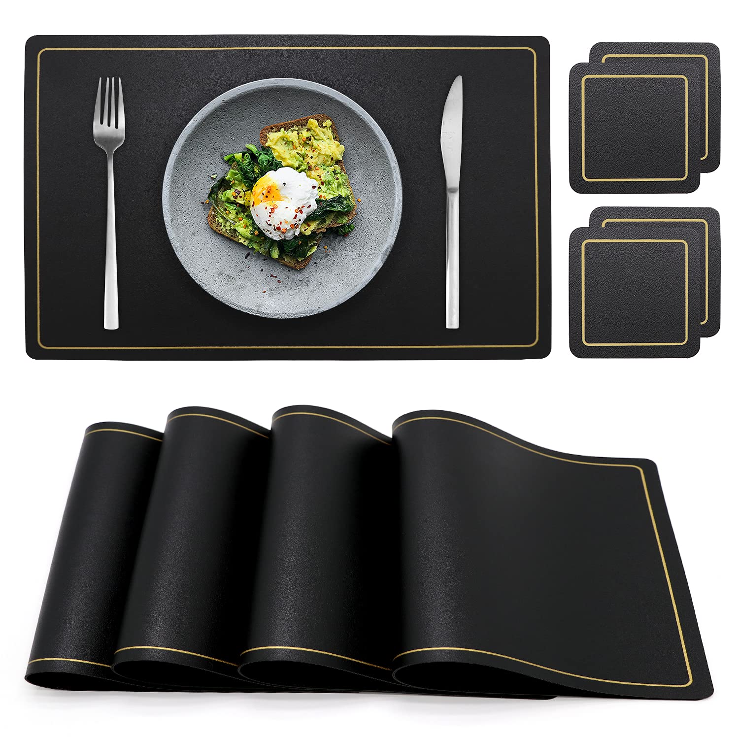 Premium PU Leather Placemats and Coasters Set (4 Placemats + 4 Coasters) - Heat-Resistant, Non-Slip, Washable Dining Table Mats - Modern Black Placemat Set for Dinner Parties, Home Decor & Daily Use