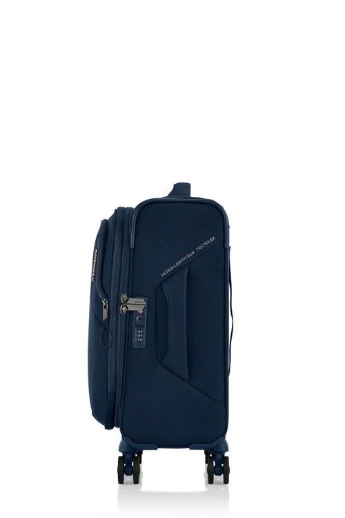 American Tourister Applite 5.0 55/20 Expandable Carry-On Luggage - Navy Blue Spinner Suitcase for Business Travel & Weekend Getaways