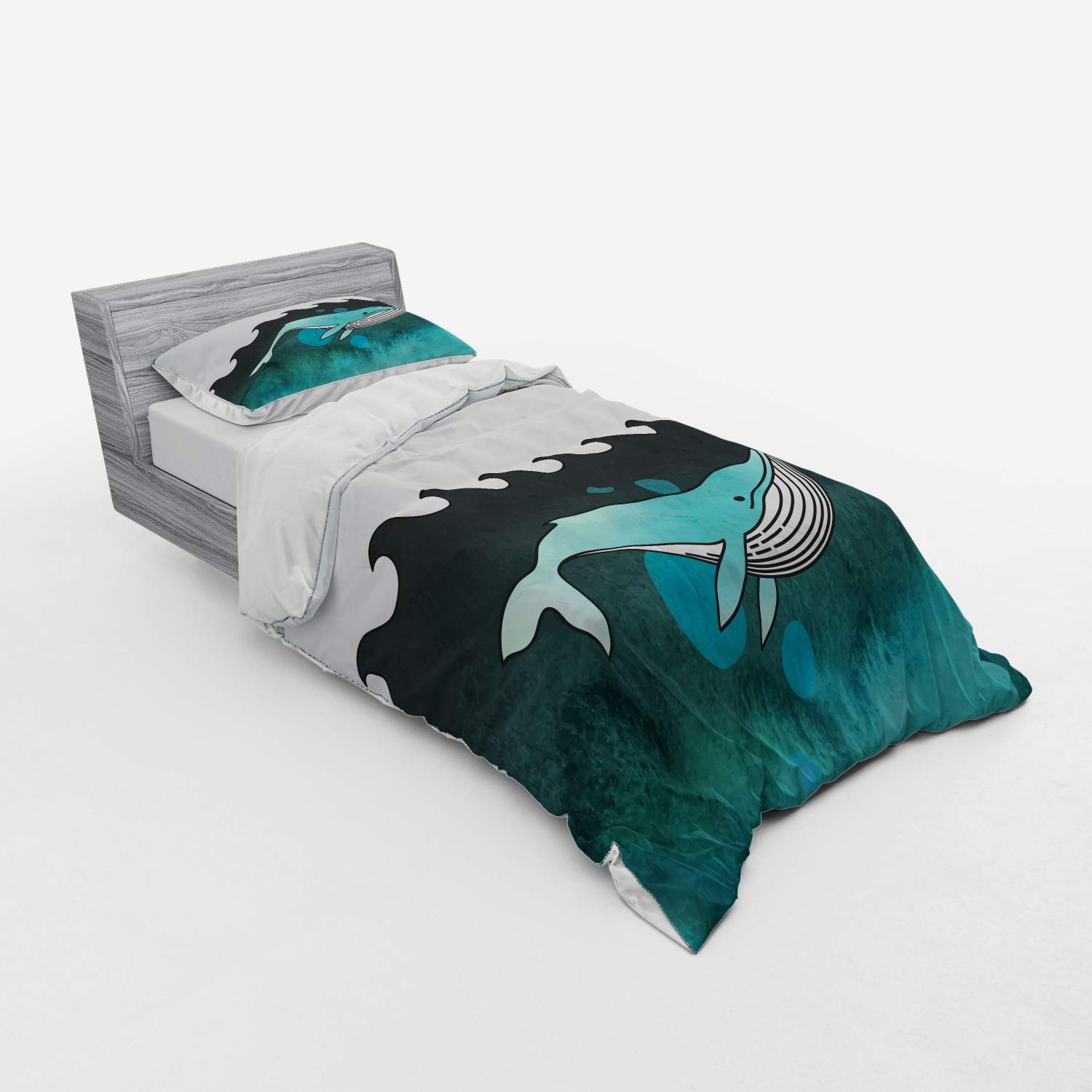 Ambesonne Whale Duvet Cover Set - 3 Piece Ocean Theme Bedding with Sham & Fitted Sheet, Twin XL Size, Blue Green Whale Swimming Underwater with Palm Island & Wooden Skull Design - Perfect for Kids' Rooms, Beach Themed Decor & Nautical Bedroom Makeovers