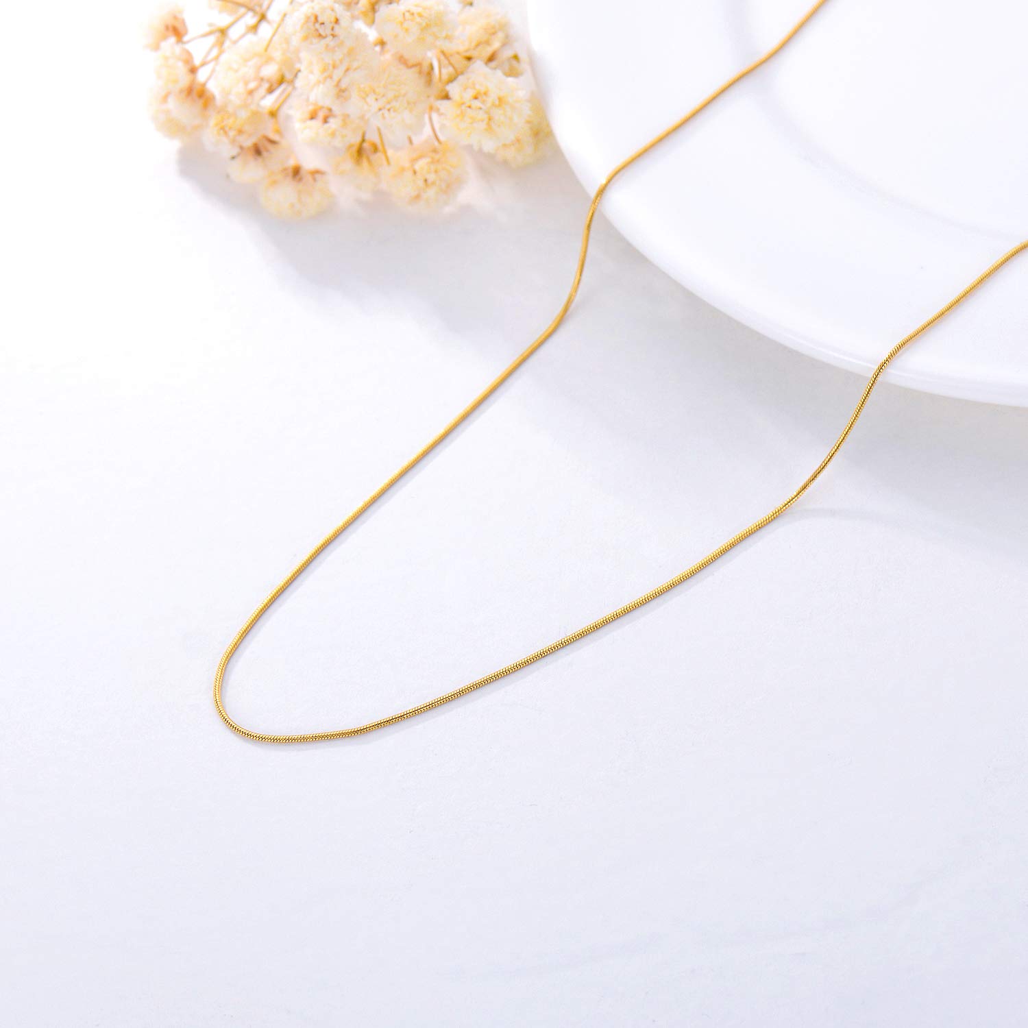 18K Yellow Gold Snake Chain Necklace for Women - 0.7mm, 1mm, 1.5mm, 2.8mm Round Herringbone Chain in 14-30 Inch Custom Lengths | Durable Solid Gold Jewelry for Everyday Wear, Gifts & Special Occasions