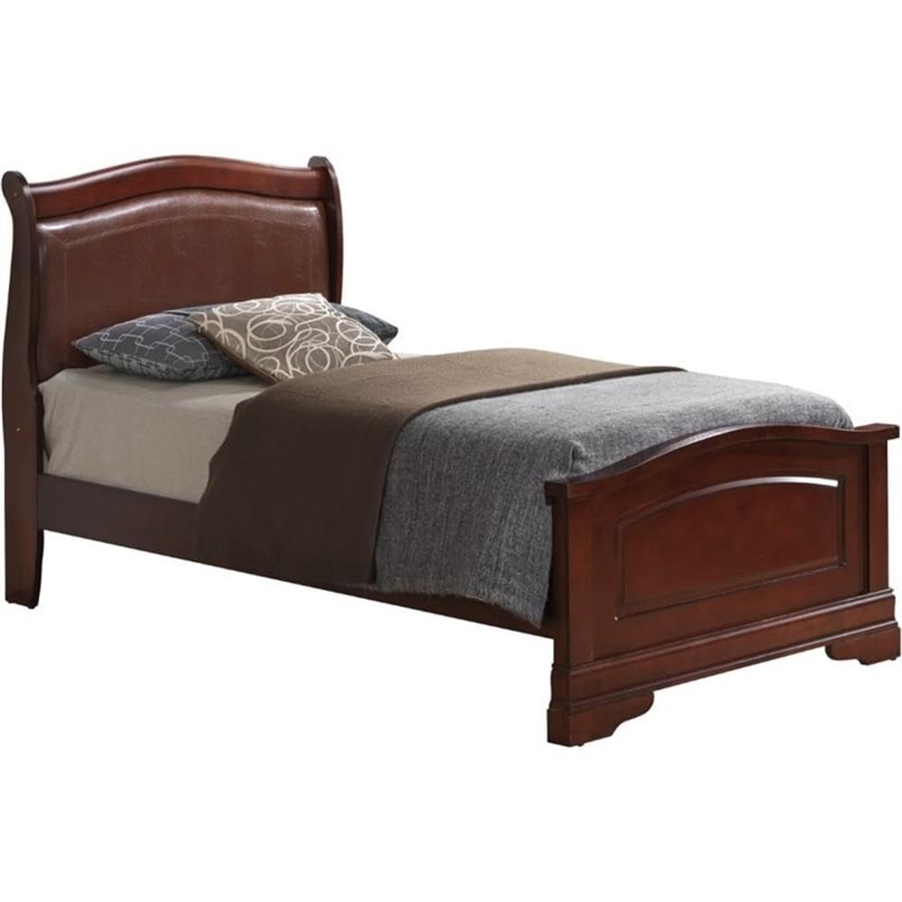 Glory Furniture Louis Phillipe Twin Panel Bed in Cherry Finish - Elegant Wooden Bed Frame for Bedroom, Guest Room, or Kids Room