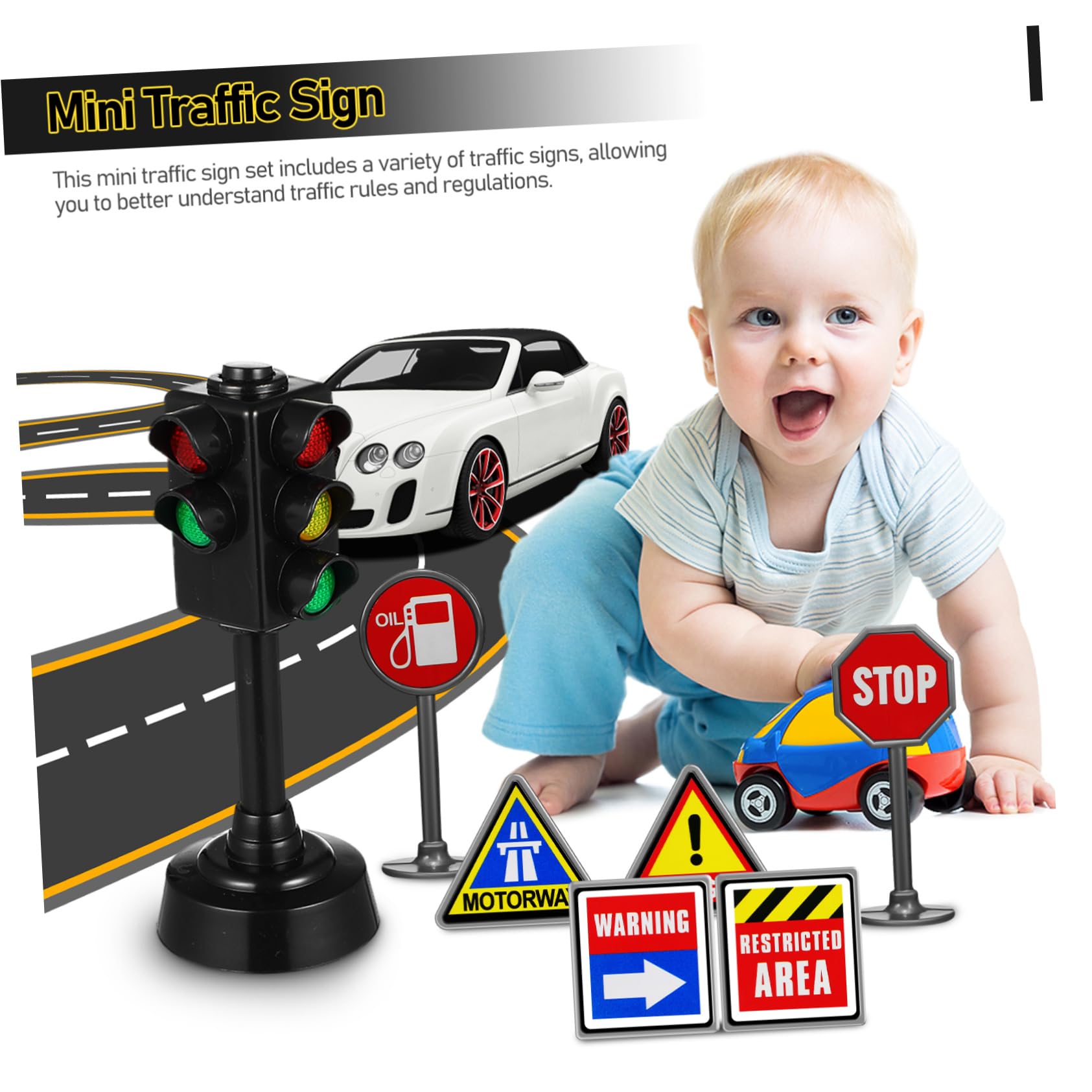 Kids Mini Traffic Toys Set - Mini Road Cones, Road Signs, Traffic Signal Light, Street Sign with Sound & Light, Plastic Educational Toys for Indoor & Outdoor Play
