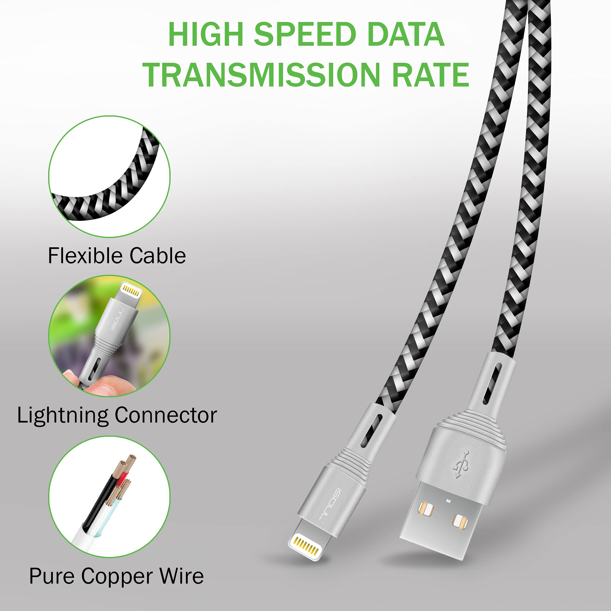 Premium 6.5ft Braided Lightning Cable - Fast Charging USB Cable for iPhone 13/12/11/XR/XS/X/8/7/6/SE & iPad | Durable Nylon Cord for Home, Office & Travel Charging