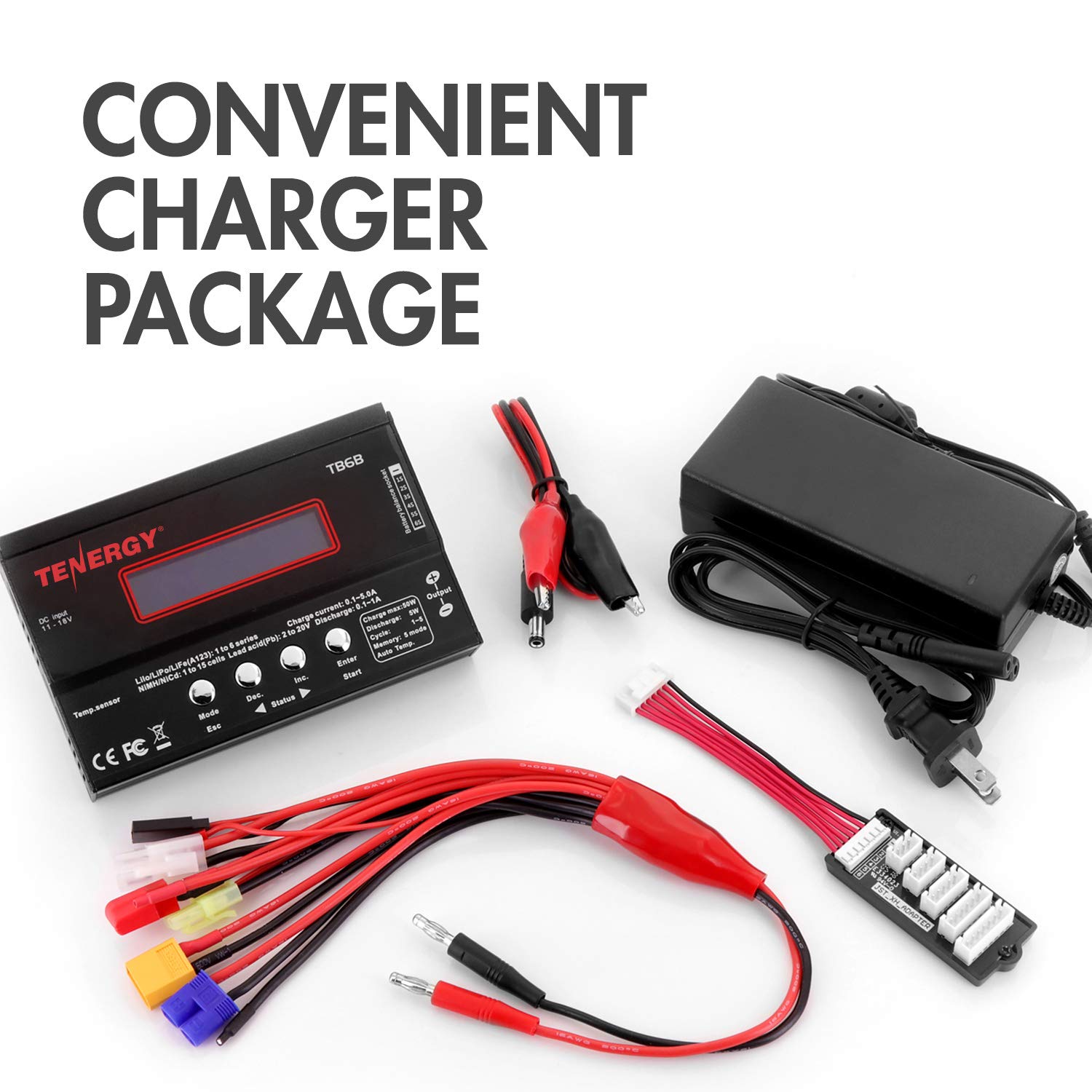 Tenergy TB-6AB 1S-6S Digital LCD Battery Charger Discharger for NiMH/NiCD/Li-PO/Li-Fe Battery Packs - Compatible with Tamiya/JST/EC3/HiTec/Deans Connectors + Power Supply - Perfect for RC Cars, Drones, and Hobby Battery Charging