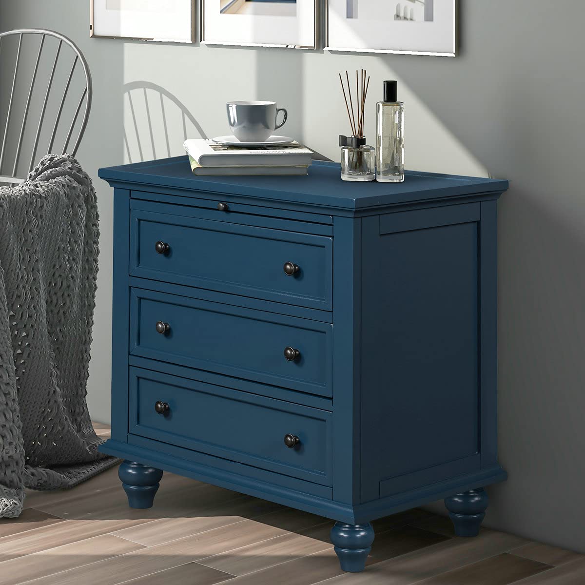 3-Drawer Wood Nightstand with Pull-Out Tray - Solid Wood End Table & Storage Cabinet for Bedroom, Living Room, or Entryway - Blue Finish for Modern Home Decor