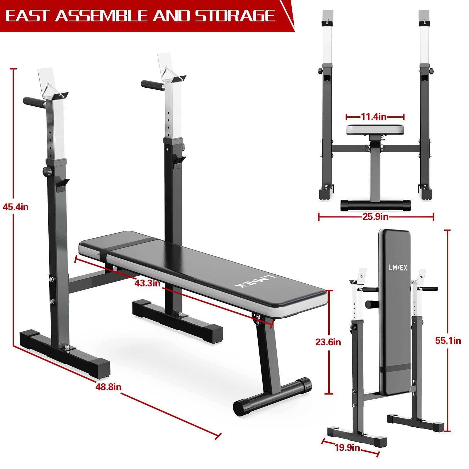 Adjustable Weight Bench Press with Squat Rack - Foldable Multi-Function Home Gym Equipment for Full Body Workout, Strength Training & Dip Station (Grey) - Perfect for Home Gym, Garage Workouts & Small Spaces