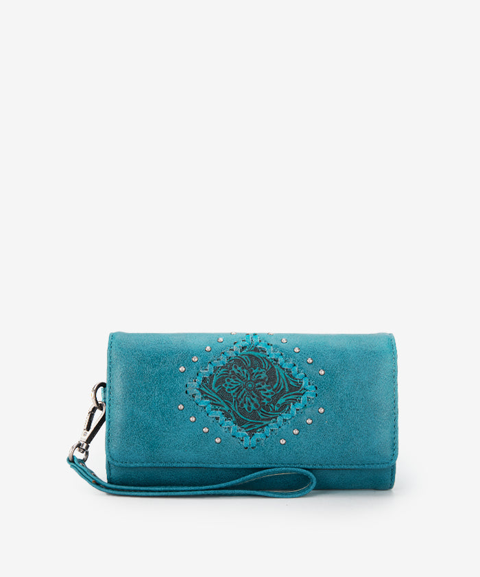 Montana West Genuine Leather Tooled Studded Wristlet Clutch Purse for Women - Perfect for Parties, Weddings & Evening Events
