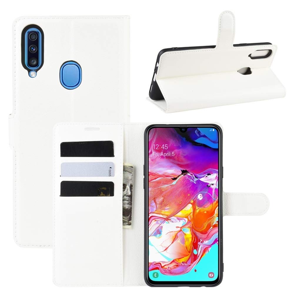 Premium Galaxy A20s Leather Wallet Case - Litchi Texture Horizontal Flip Cover with Card Slots & Stand | Durable Protection (White) | Perfect for Work, Travel & Daily Use