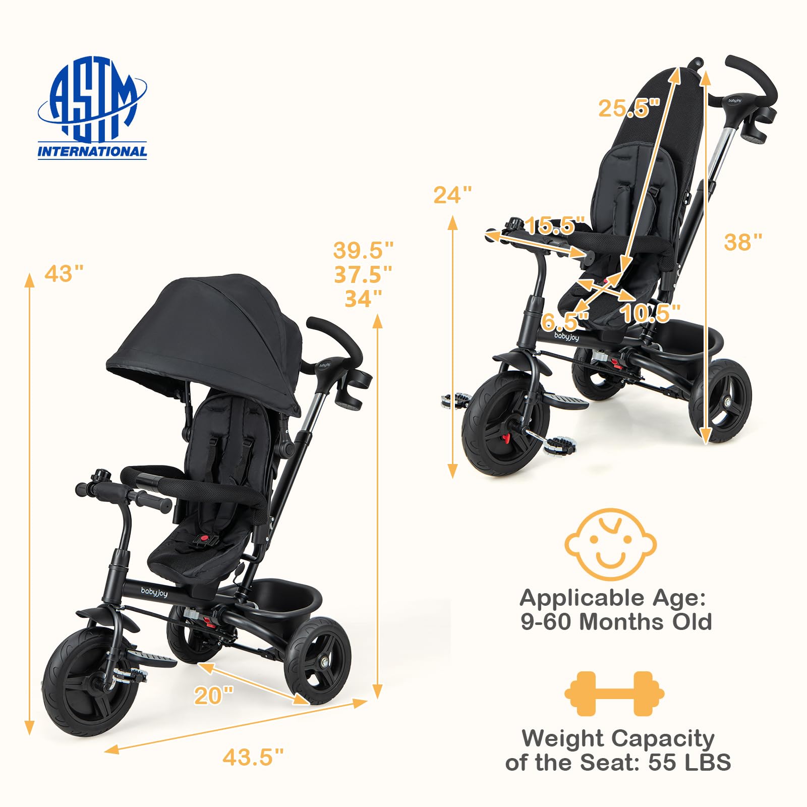 BABY JOY 6-in-1 Convertible Toddler Tricycle with Reversible Seat, Adjustable Canopy & Parent Push Handle - 5-Point Safety Harness, PU Wheels & Storage Basket - Ride-On Push Bike for Kids 9-60 Months (Black) - Perfect for Outdoor Play, Park Rides & Learning to Cycle