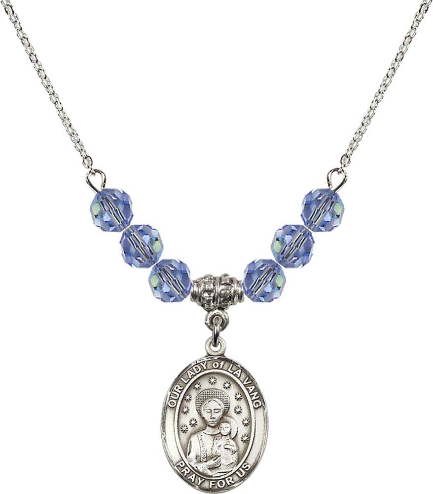 Bonyak Jewelry 18 Inch Rhodium Plated Necklace with 6mm Light Blue September Birthstone Beads & Our Lady of La Vang Charm - Perfect Gift for Birthdays, Baptisms & Religious Occasions