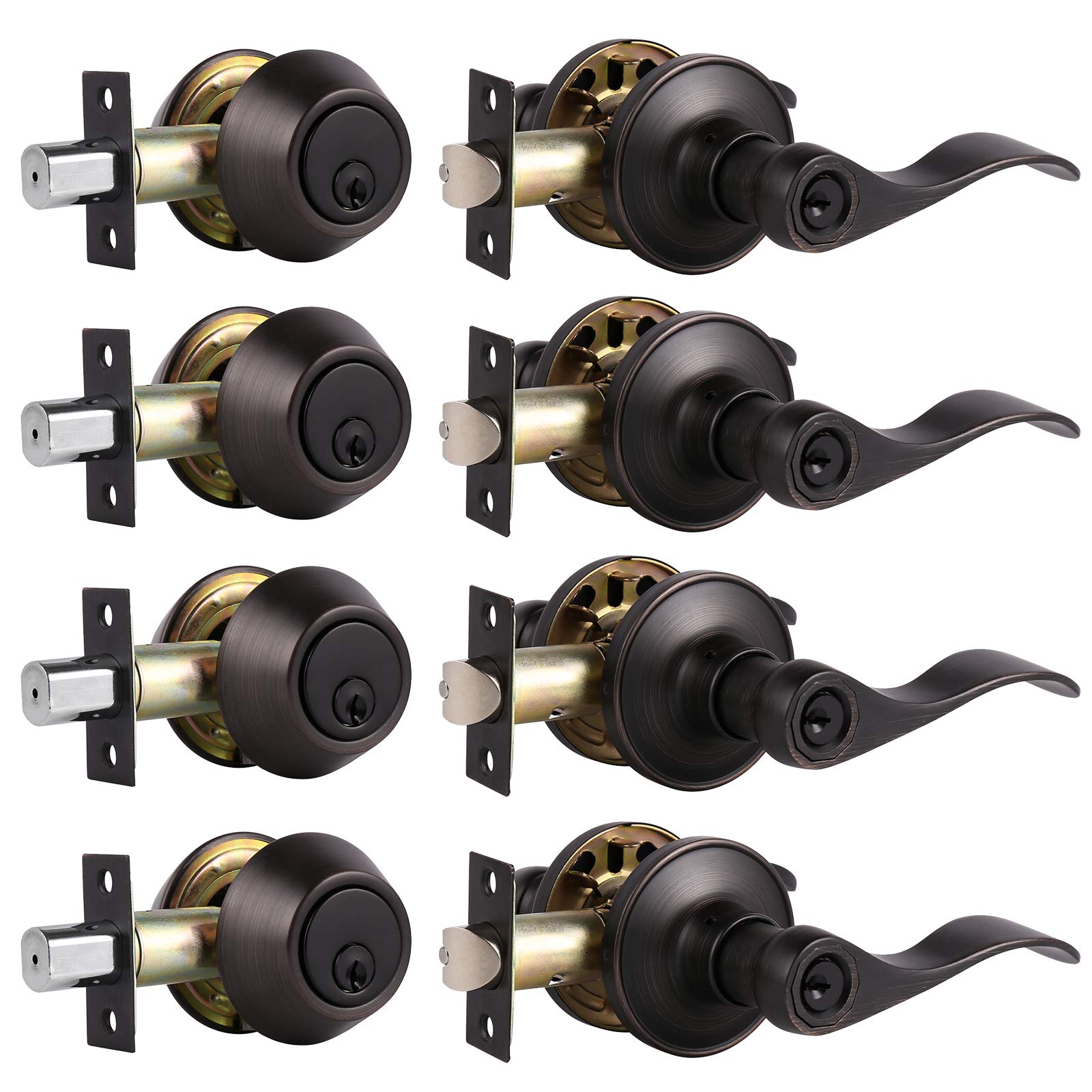 4 Sets Oil Rubbed Bronze Entry Door Lever & Deadbolt Combo Pack - Keyed Alike Exterior/Interior Handlesets with Wave Design - Perfect for Home Security, Apartments & Office Buildings (Contractor Pack)