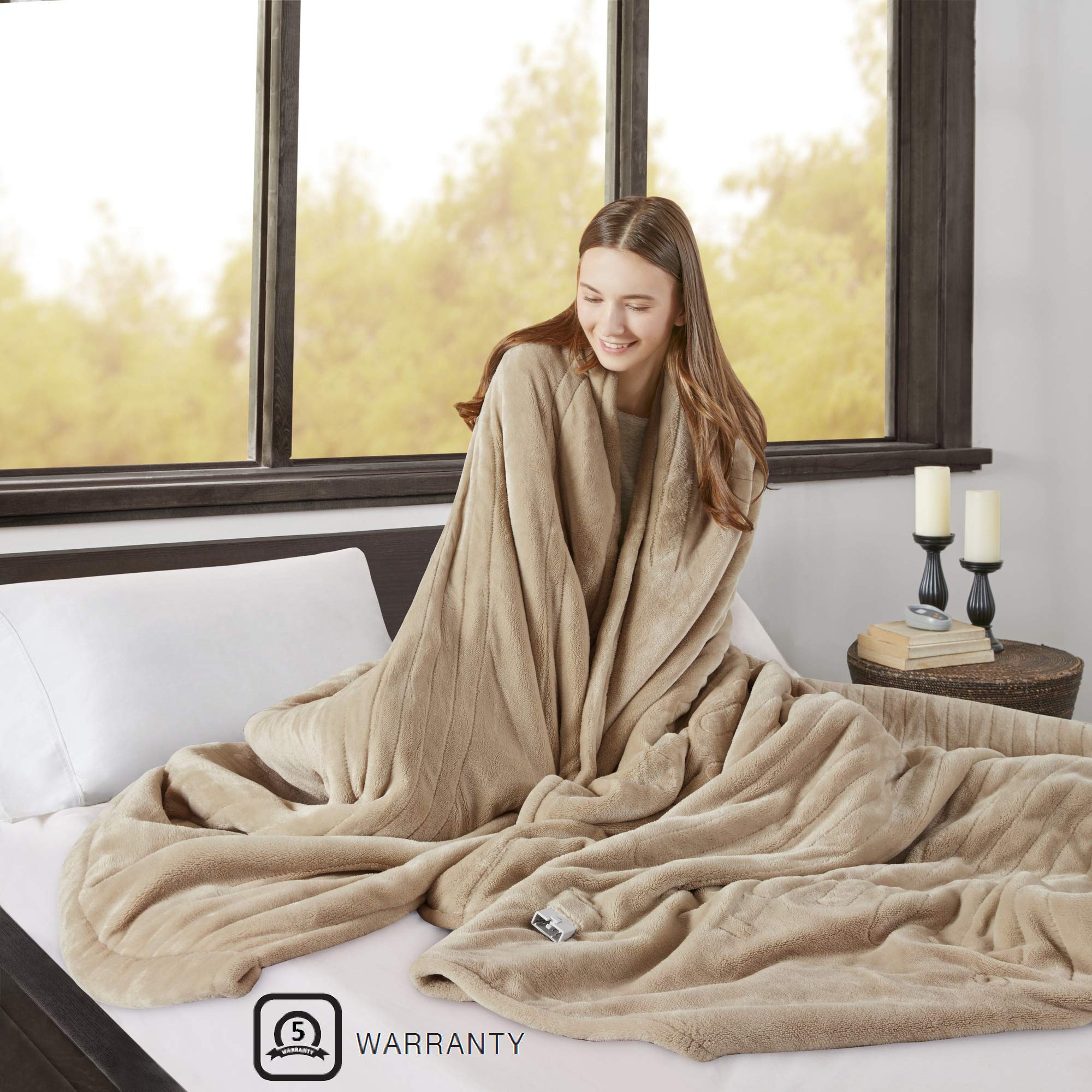 Beautyrest Electric Heated Blanket with 20 Heat Settings & Auto Shut Off - Soft Reversible Sherpa Plush Warming Blanket for Winter, 1-10 Hour Timer, Machine Washable, Full Size 84x80 Inches, Tan - Perfect for Cold Nights, Bedroom Comfort, and Cozy Movie Evenings