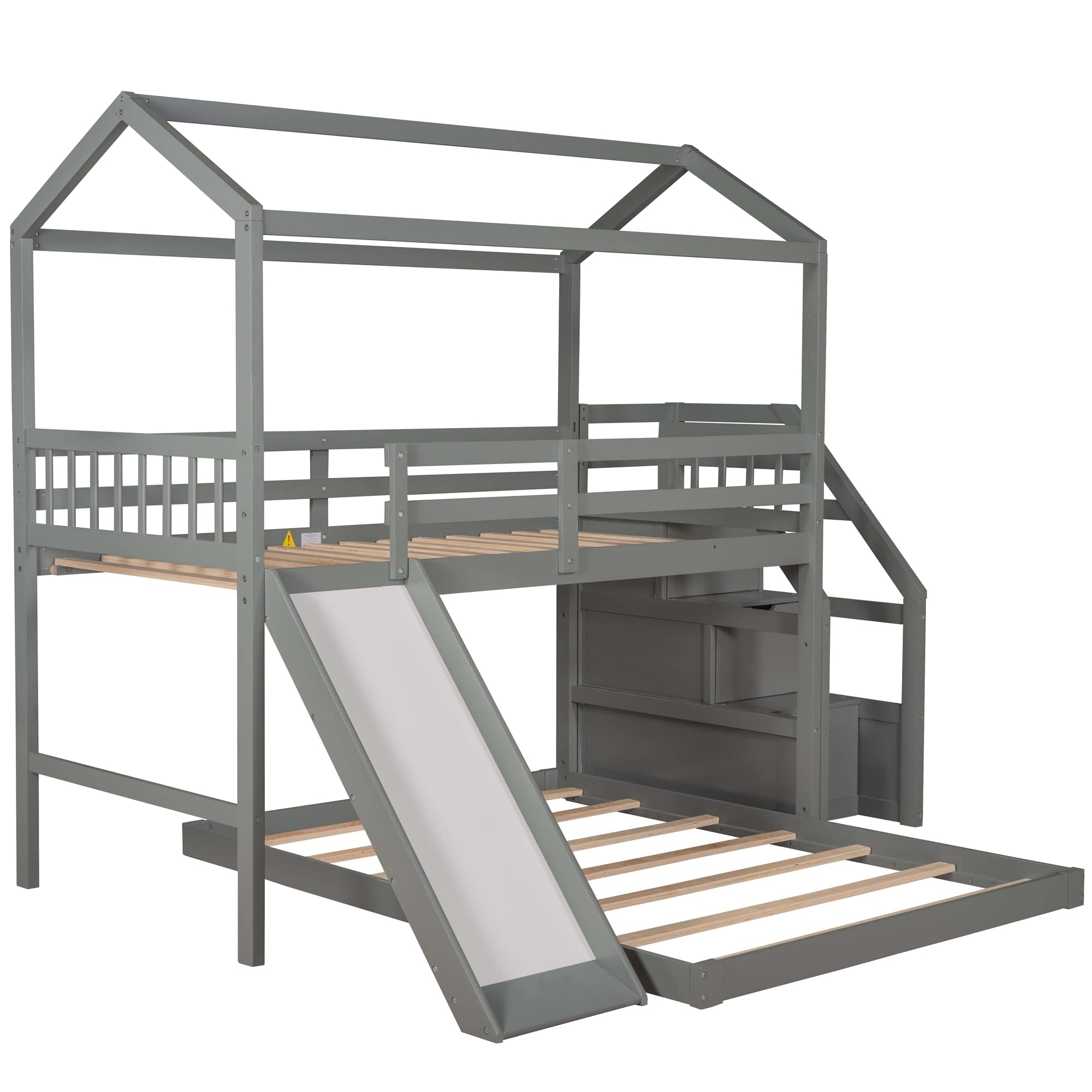 LZ LEISURE ZONE Twin Over Full Bunk Bed with Slide & Storage Stairs - Convertible Wooden Bunk Bed Frame for Kids, Teens & Adults - Safe Full-Length Guardrail - Space-Saving Grey Bunk Bed for Small Rooms, Guest Rooms & Vacation Homes