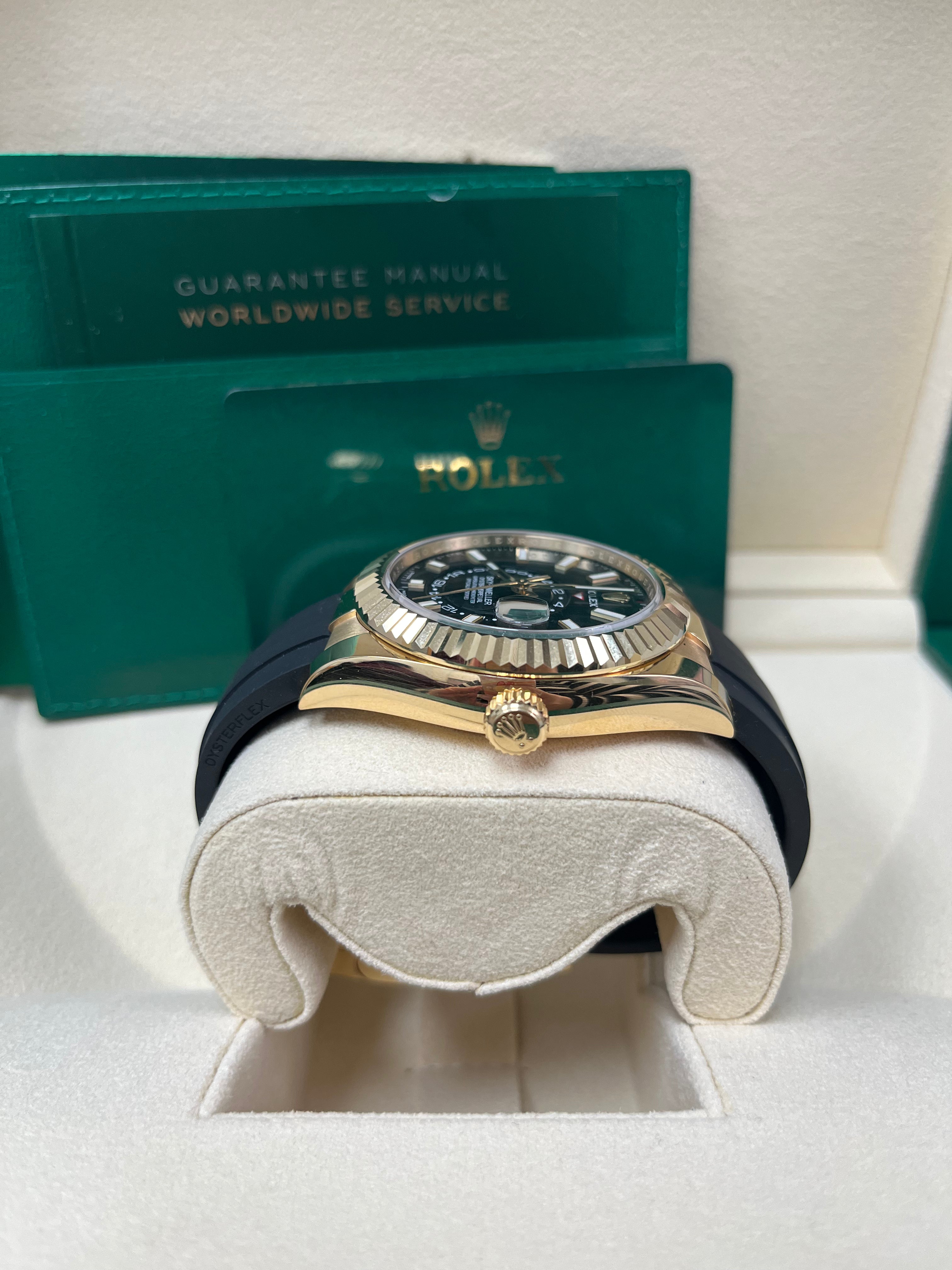Rolex Sky-Dweller 18K Yellow Gold Watch with Black Index Dial & Oysterflex Bracelet (Ref# 326238) - Luxury Timepiece for Business Travelers & Watch Collectors