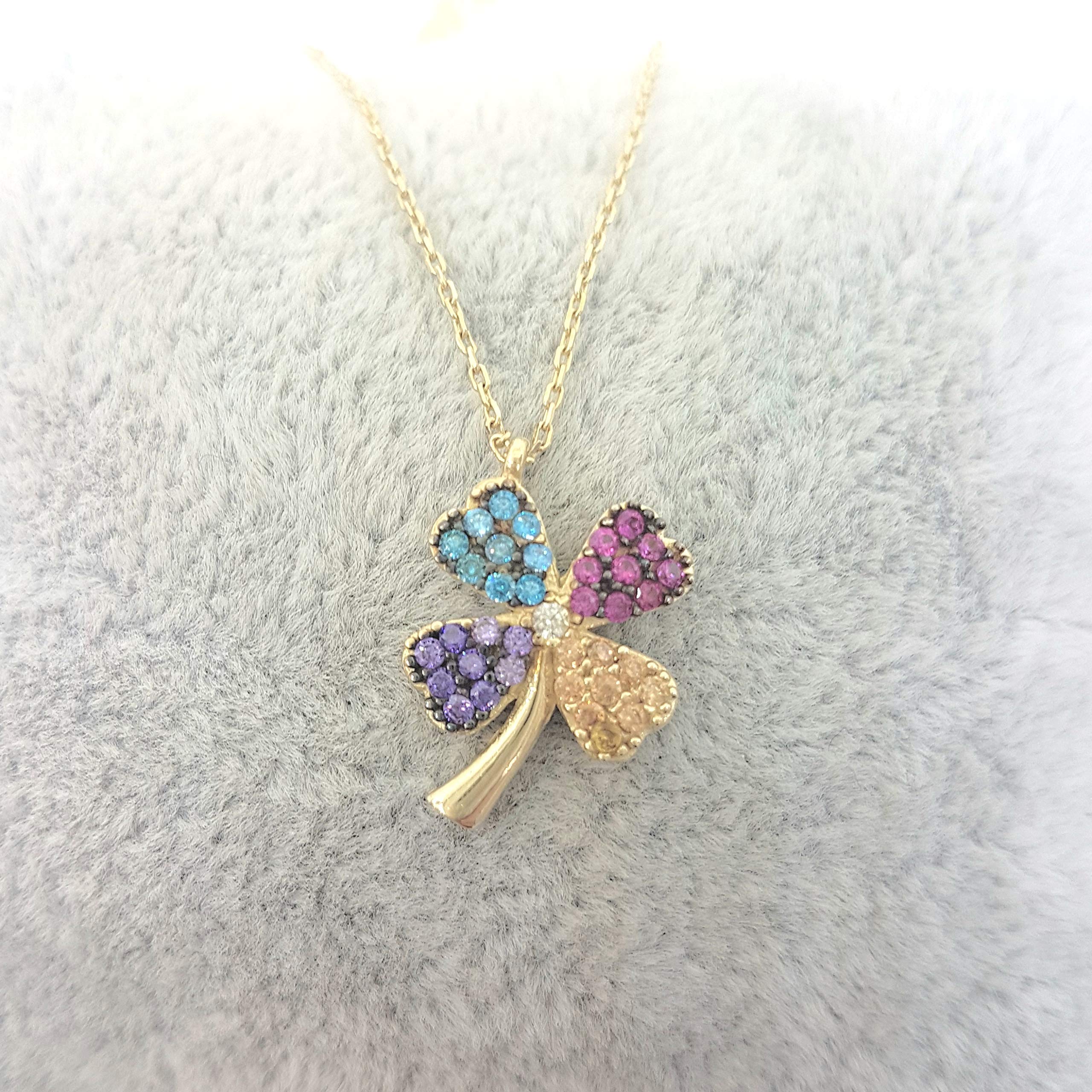 14K Solid Gold Four Leaf Clover Necklace for Women - CZ Multi Color Dainty Pendant Jewelry | Elegant Gift for Mom, Wife, Girlfriend | Perfect for Birthday, Christmas, Anniversary & Everyday Wear