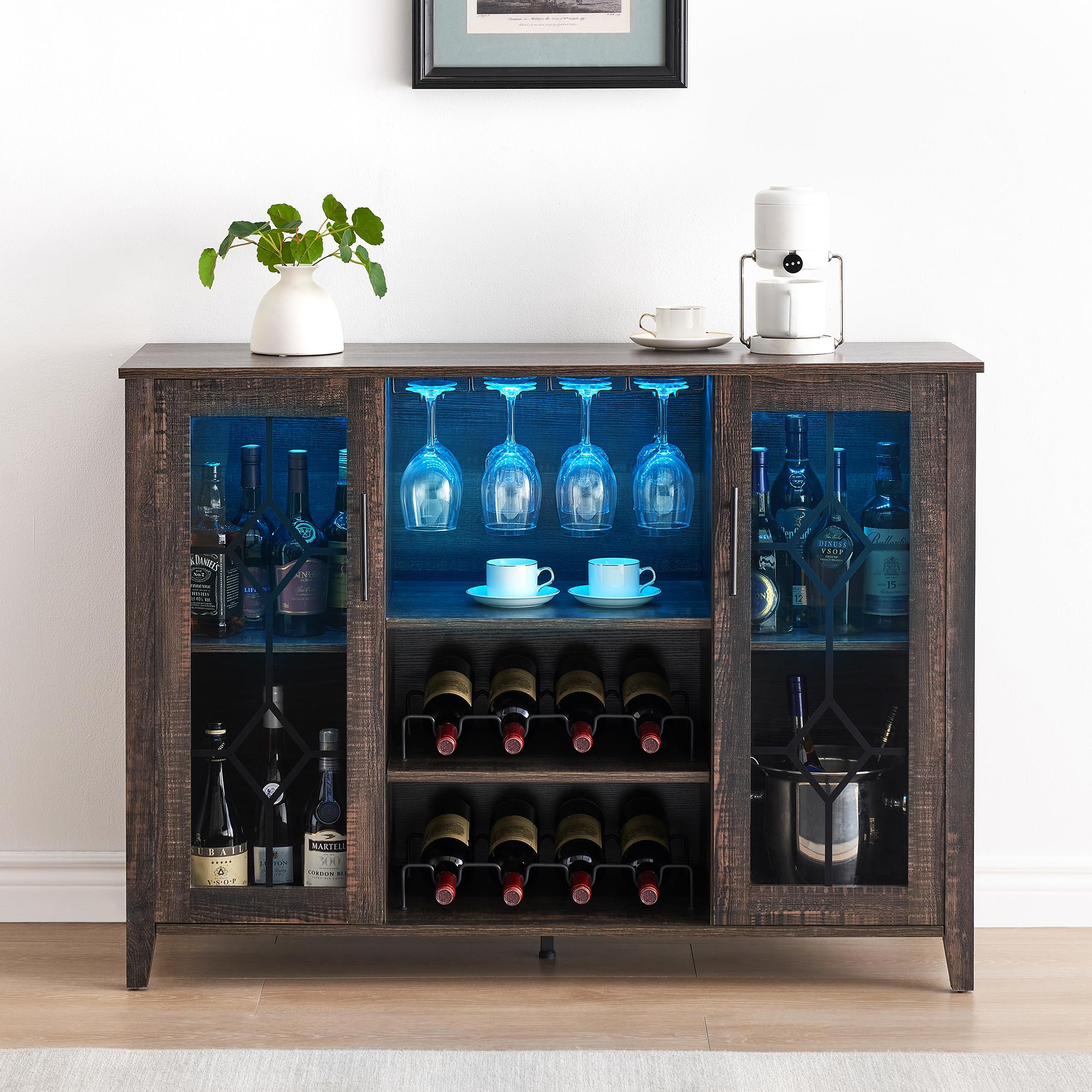 **IDEALHOUSE Wine Bar Cabinet with LED Light - Rustic Oak Kitchen Buffet Sideboard with Wine & Glass Rack, Storage Cabinet for Bar, Dining Room & Home Decor - Perfect for Entertaining & Displaying Liquor Collection**