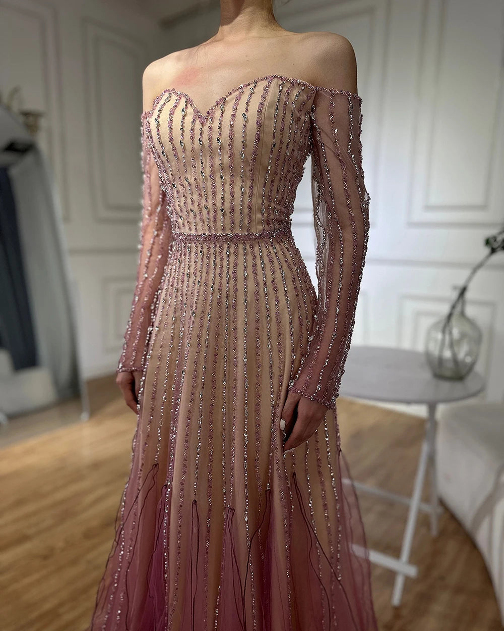Elegant Purple Beaded A-Line Long Evening Dress for Women - Luxury Dubai Arabic Style Formal Gown LA72752 | Perfect for Weddings, Galas, and Special Occasions
