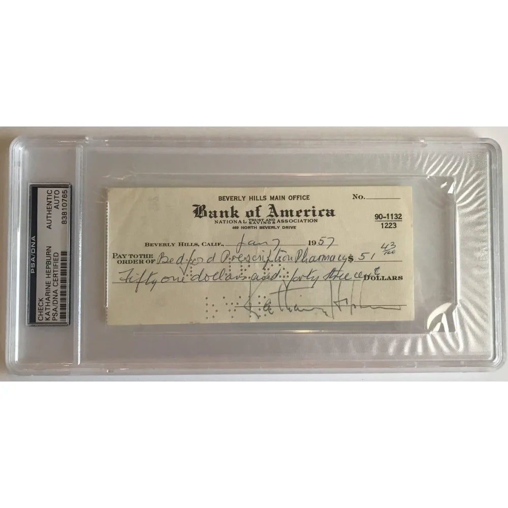 Authentic Katharine Hepburn Signed Check with PSA/DNA COA - Rare Philadelphia Story Movie Memorabilia - Perfect for Film Collectors & Classic Hollywood Fans
