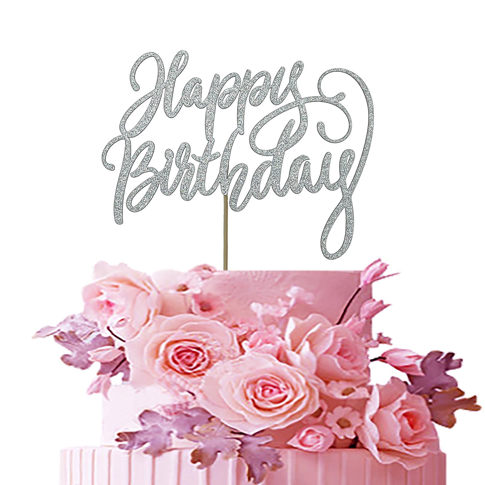 Happy Birthday Cake Topper - Double Sided Silver Glitter for Birthday Party Decorations | Perfect for Wedding, Baby Shower & Anniversary Celebrations