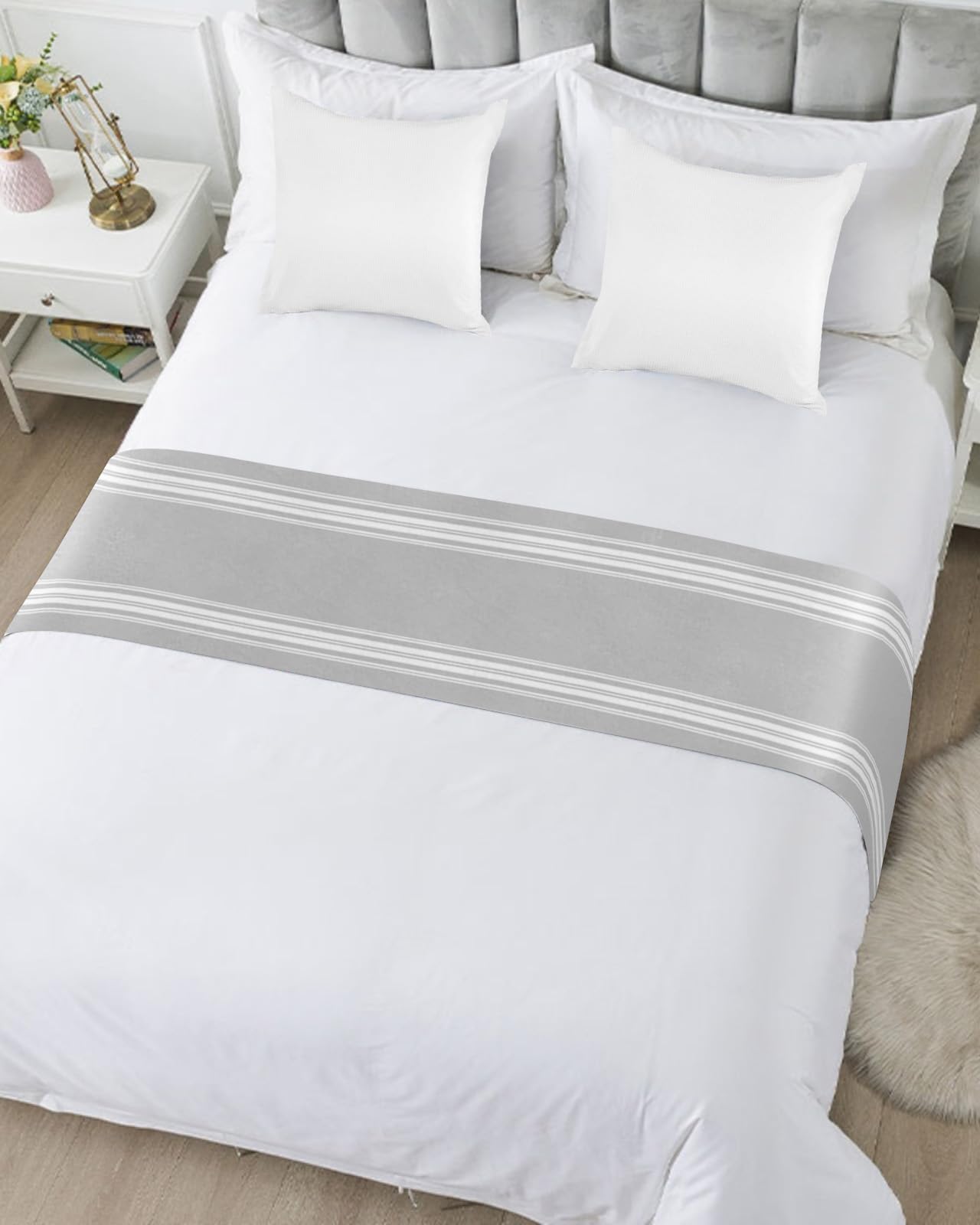 Luxury Grey Striped Bed Runner for Queen Size Bed - 83 x 20 Inch Modern Abstract Art Bed Scarf Throw - Soft Foot of Bed Cover for Hotel & Home Decor - Perfect for Guest Rooms, Master Bedrooms & Airbnb Styling