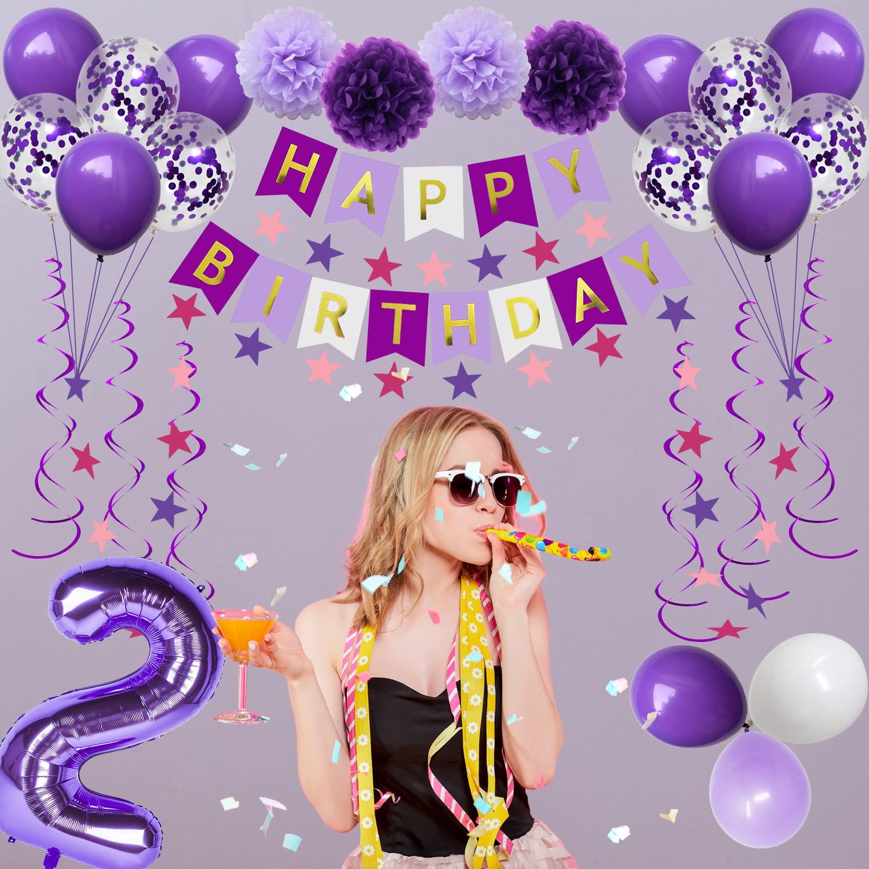 23rd Birthday Party Decorations - Purple Happy Birthday Banner, Number 23 Balloons, Star Streamers & Hanging Swirls for Women, Men, Girls & Boys | Perfect for Home, Office or Venue Celebration