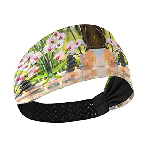 Zen Spa Candles with Green Bamboo Leaves & Orchids Flowers - Stretchy Breathable Headband for Women, Yoga, Workout & Sports - Sweat Wicking Hair Band & Head Wrap for Exercise & Relaxation