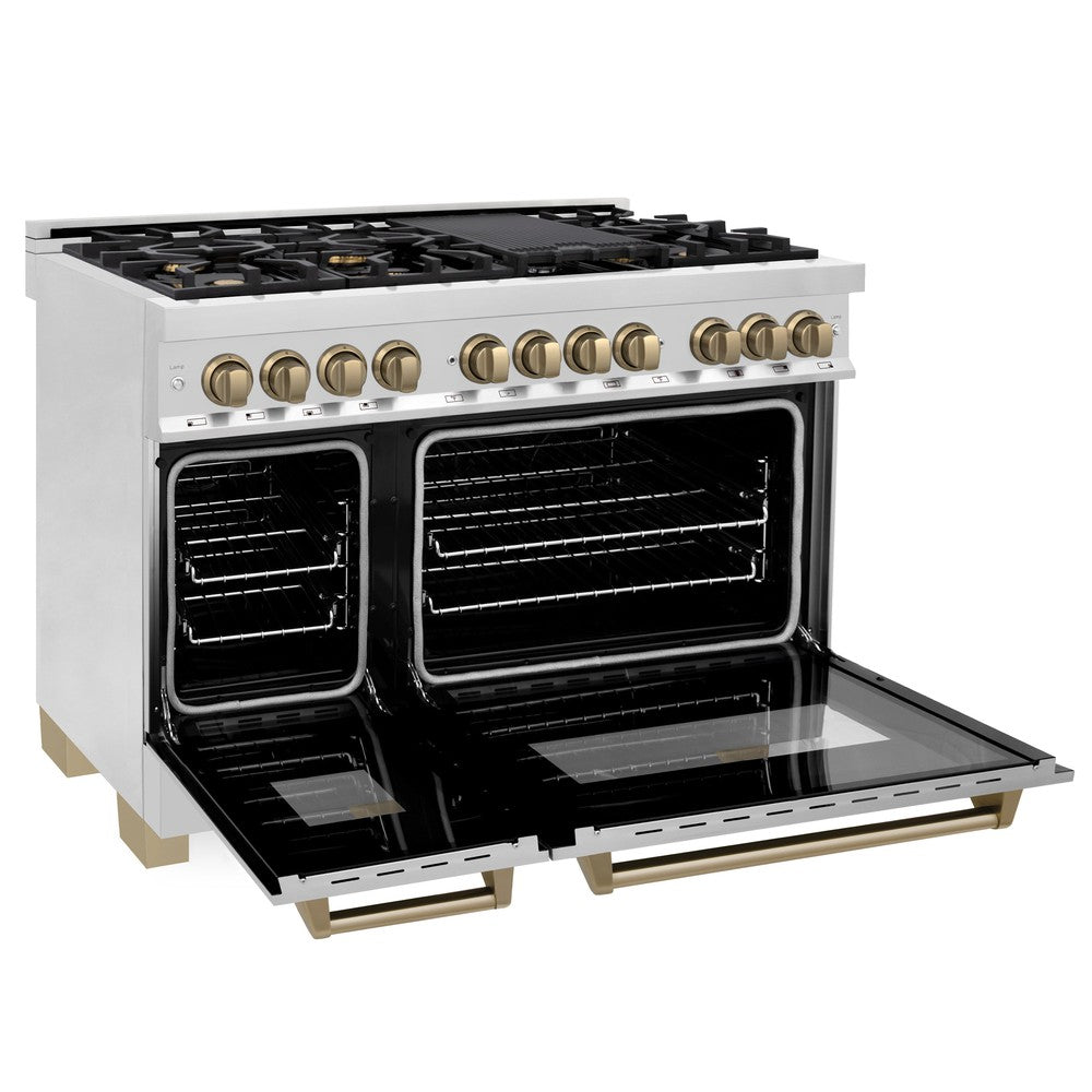 ZLINE Autograph Edition 48-inch Stainless Steel Dual Fuel Range with Range Hood & Dishwasher - Champagne Bronze Accents (3AKP RARHDWM48 CB) | Premium Kitchen Package for Modern Homes & Professional Chefs | Perfect for Gourmet Cooking & Entertaining