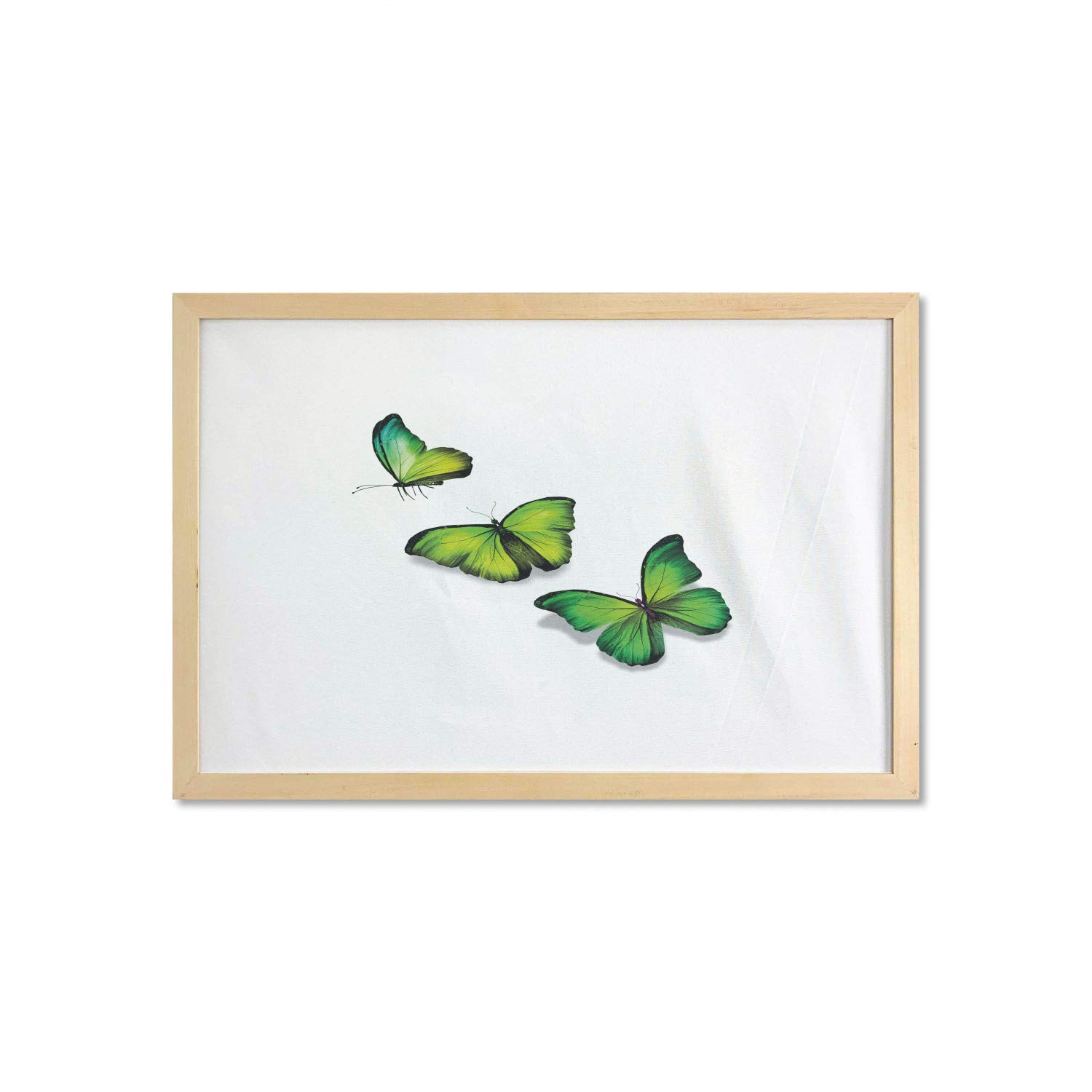 Ambesonne Green Wall Art with Frame - 3 Vibrant Butterflies on White Backdrop, Spring Nature Printed Fabric Poster, 35