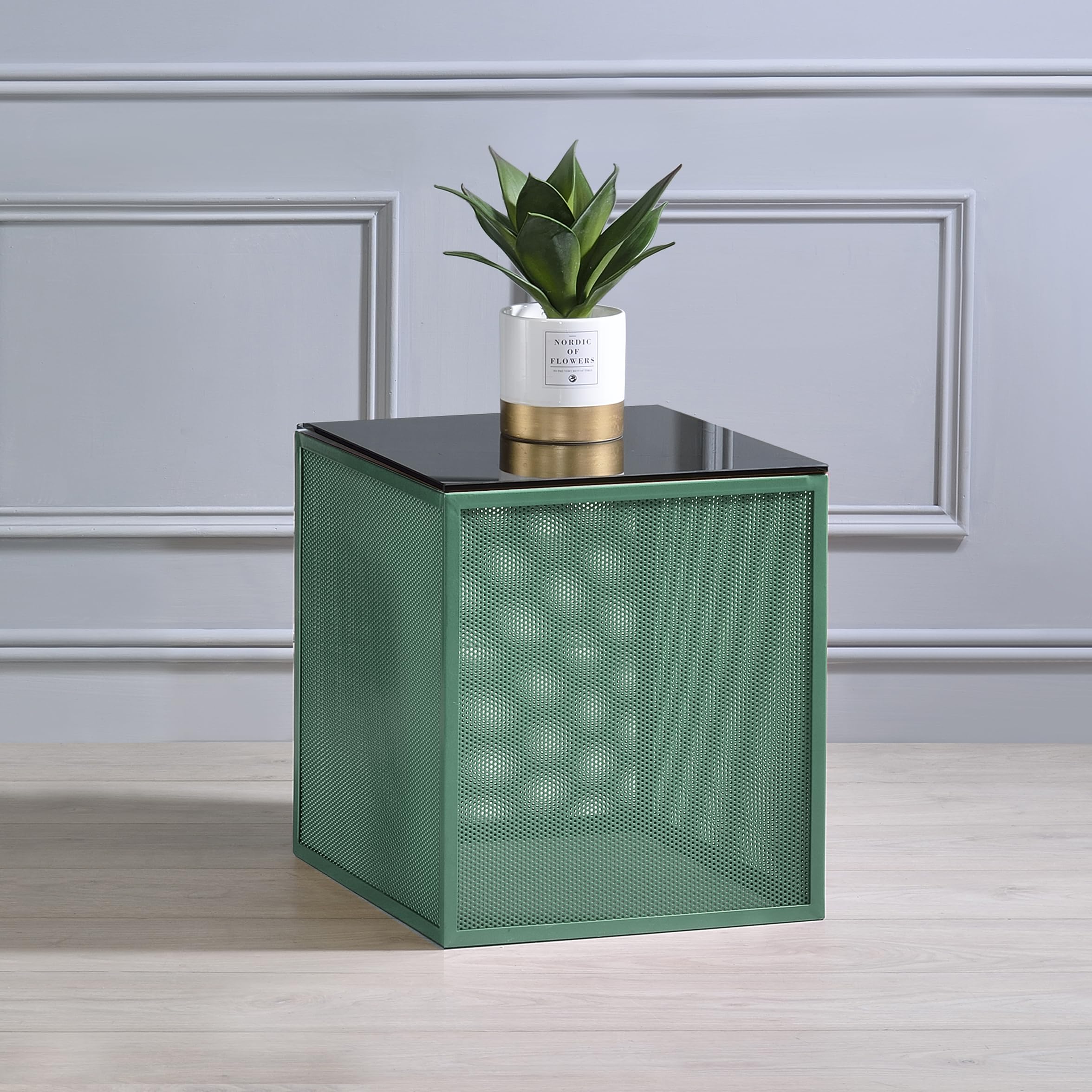 Furniture of America Kelforia Modern Glass Top Side Table - Green Accent End Table for Living Room, Bedroom & Office Decor