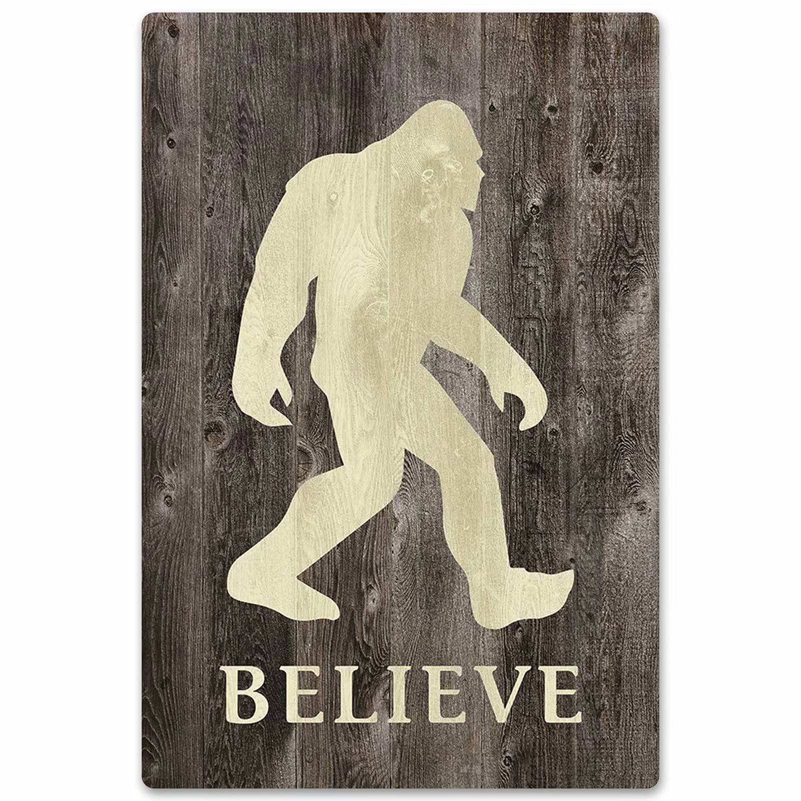 Bigfoot Tin Sign - Vintage Believe Poster for Home, Bathroom, Bar, Club & Man Cave Wall Decor - Unique Gift Idea 12x16 Inches - Perfect for Rustic Cabin, Hunting Lodge & Outdoor Enthusiast Spaces