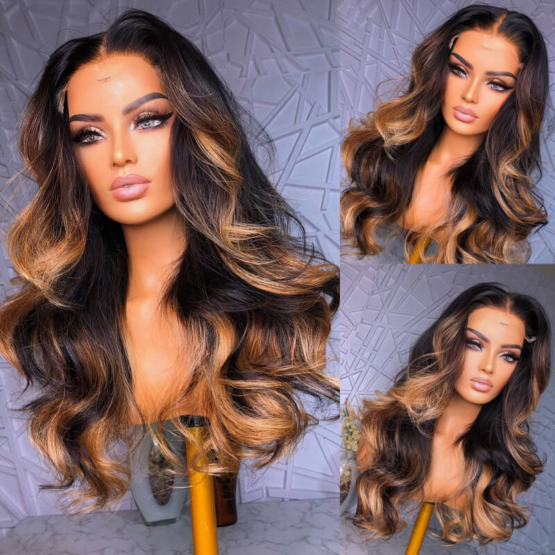 Eullair Camel Brown Highlight Wavy Lace Frontal Human Hair Wig - Heat Resistant Curling Iron Styled Lace Wig for Black Women | Perfect for Daily Wear, Parties & Special Occasions