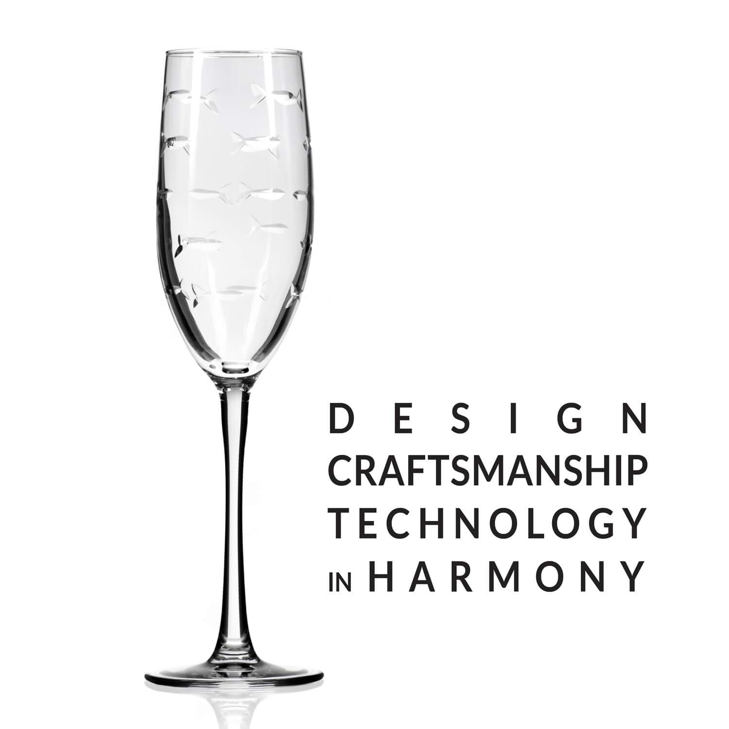 Premium Rolf Glass School of Fish 8oz Champagne Flutes - Set of 4 Lead-Free Crystal Clear Etched Flute Glasses | Handcrafted in USA | Perfect for Weddings, Anniversaries & Special Celebrations