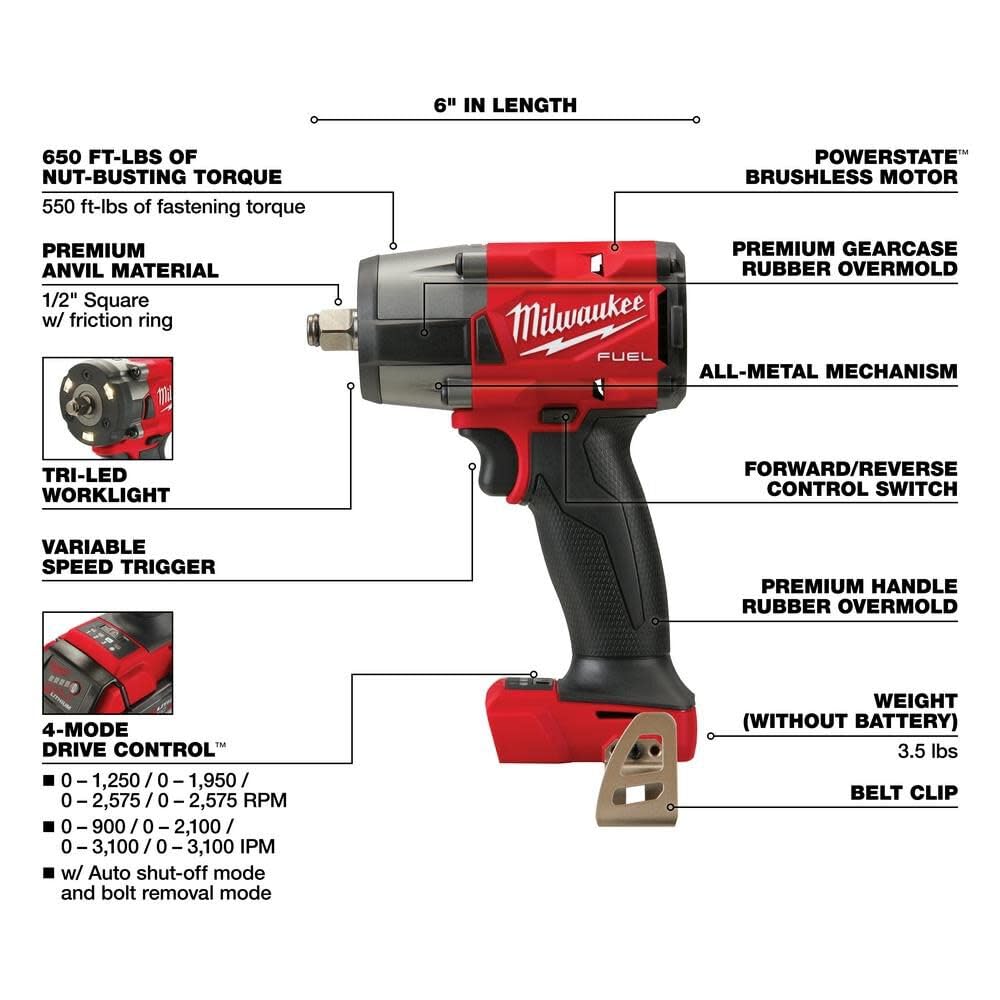 Milwaukee M18 FUEL 18V Brushless Cordless Power Tool Combo Kit with 2x 5.0Ah Batteries, Charger & Tool Bags (7-Piece Set) - Perfect for Construction, Woodworking, and DIY Home Improvement Projects