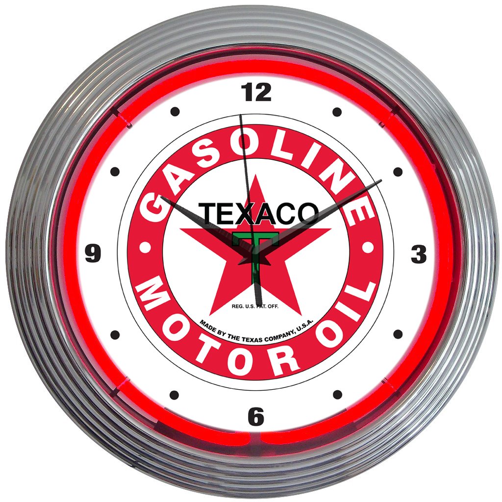 Texaco Motor Oil Gasoline Neon Wall Clock - 15 Inch Vintage Style LED Sign for Man Cave, Garage, Bar & Office Decor | Retro Diner & Automotive Themed Gift