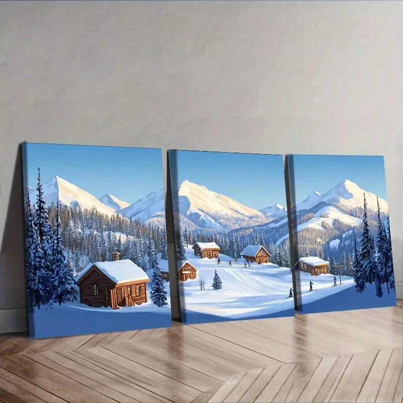 3-Piece Snow Covered Village Mountains Scenery Wall Art Set - Framed Canvas Prints 40x60cm - High Quality Australian Made - Ready to Hang - Perfect for Living Room, Bedroom & Office Decor