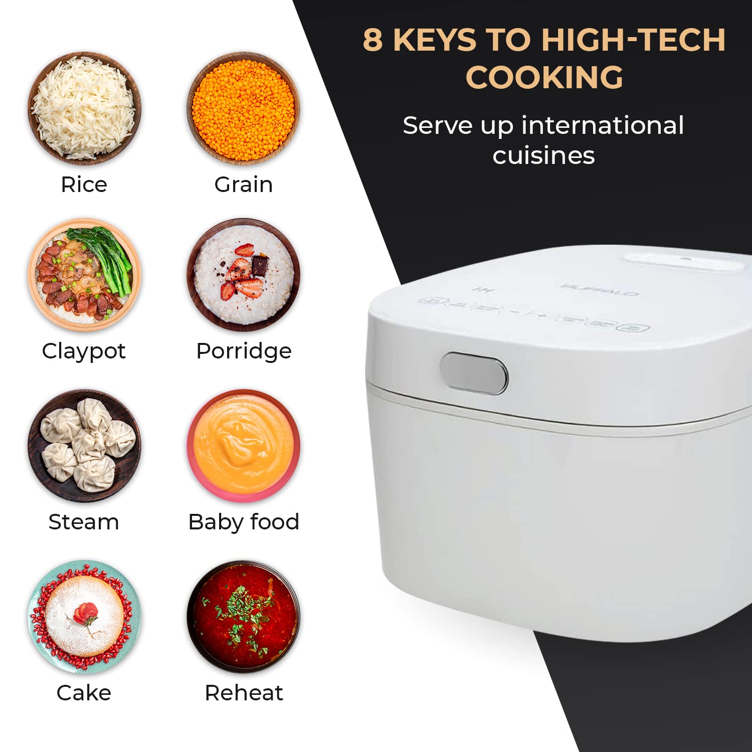 Buffalo SMART COOKER IH Rice Cooker & Warmer - 1L (5 Cups) Non-Stick Inner Pot, Multi-Function, Energy Efficient, White | Perfect for Small Families, Dorms & Office Use