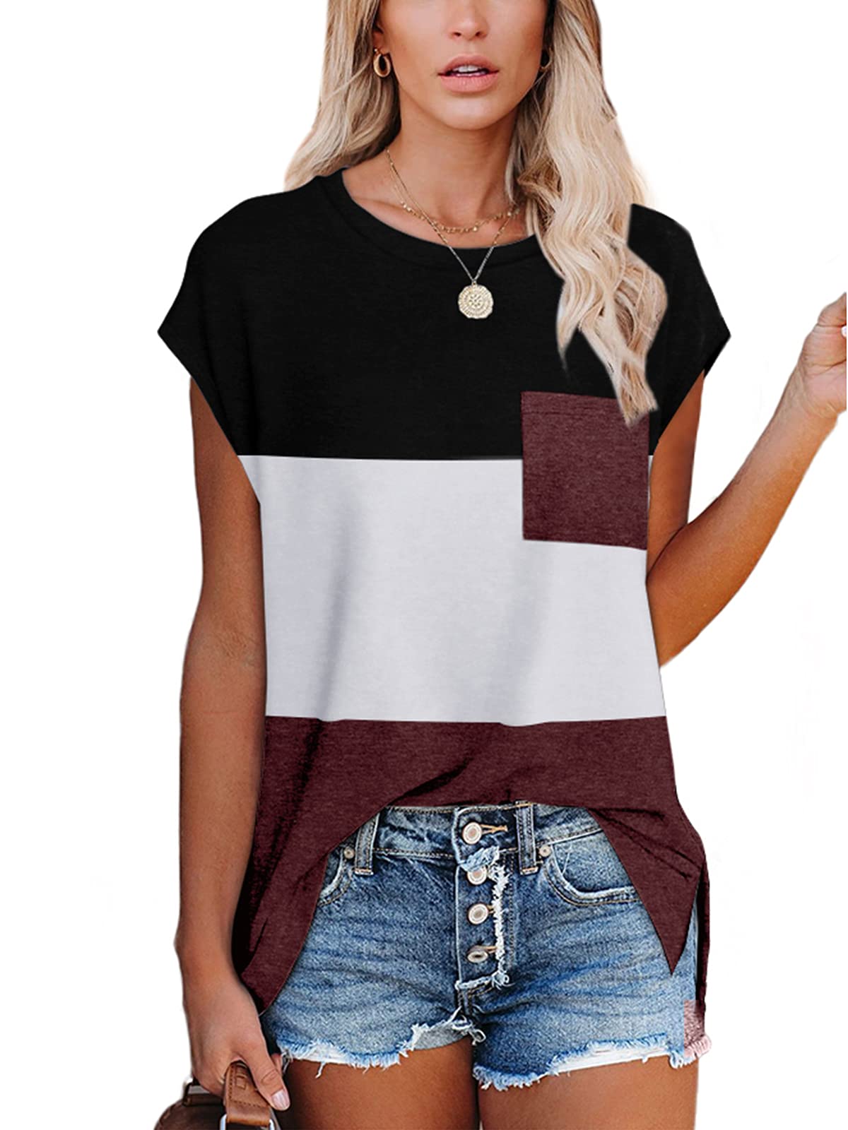 Cute Summer Tops for Women - Casual Color Block Wine Tee Shirts - Breathable & Comfortable XL Size - Perfect for Beach Outings, Weekend Brunch & Summer Vacations