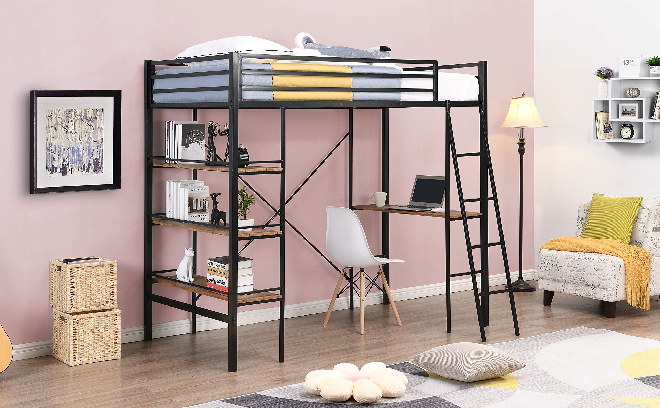 Metal Twin Loft Bed with Storage Shelf & Desk - Full-Length Guardrail, Space-Saving Design - No Box Spring Needed - Perfect for Kids Rooms, Dorms & Small Apartments