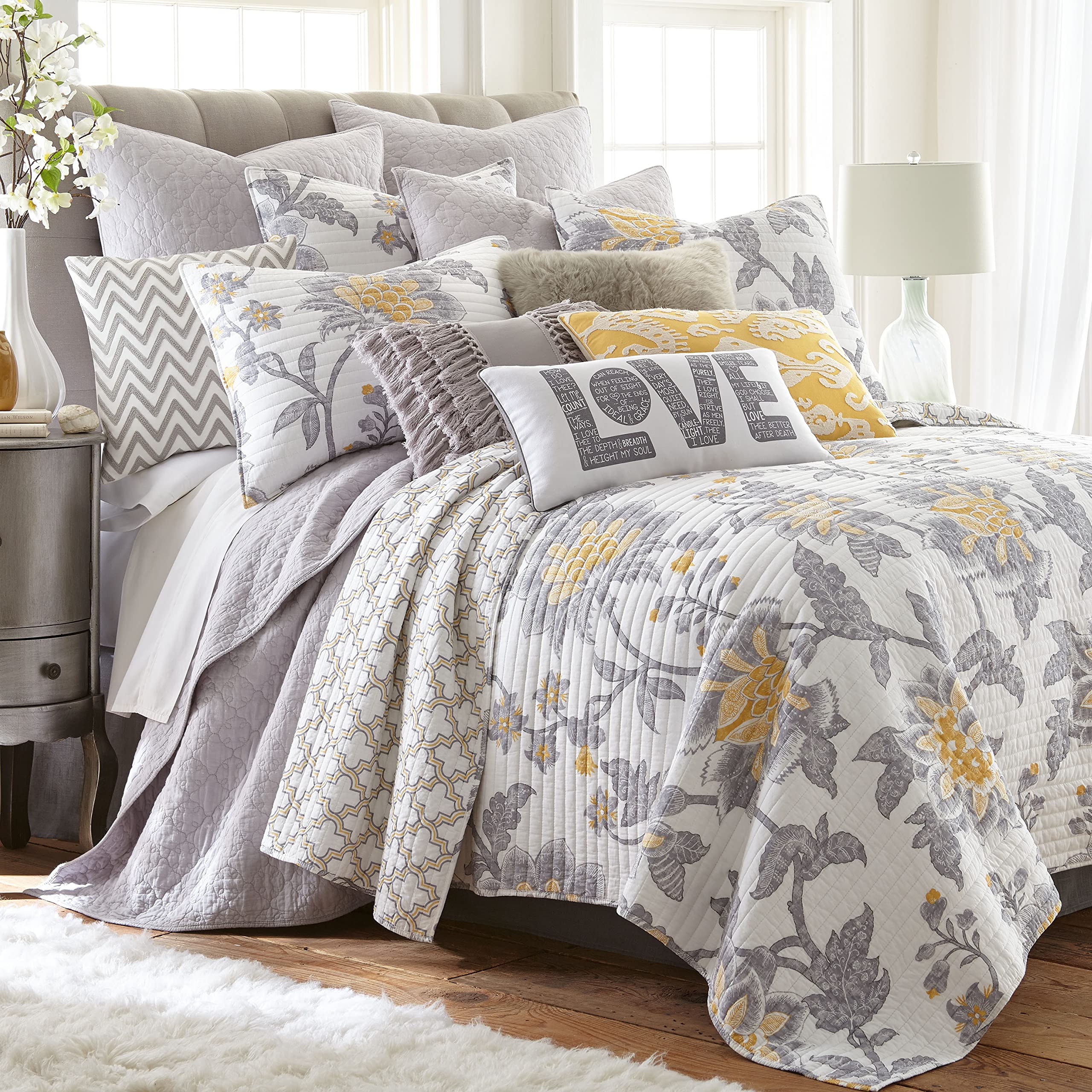 Levtex Home Reverie Quilt Set - Full/Queen Size Reversible Cotton Quilt (88x92in) with 2 Standard Pillow Shams (26x20in) - Floral Pattern in Yellow, Grey & White - Soft Bedding for Cozy Bedroom Decor & Guest Room Essentials