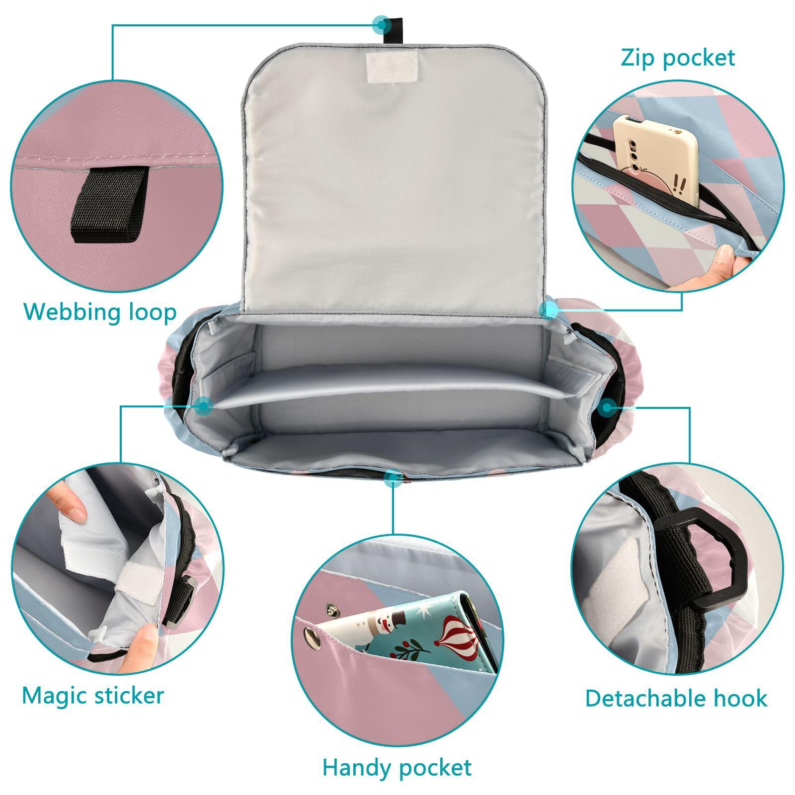 Amooorous Powder Blue Stroller Organizer with Cup Holder - Non-Slip Square Design, Adjustable Straps for Baby Strollers & Car Seats - Perfect for Diapers, Bottles, and Essentials On-The-Go