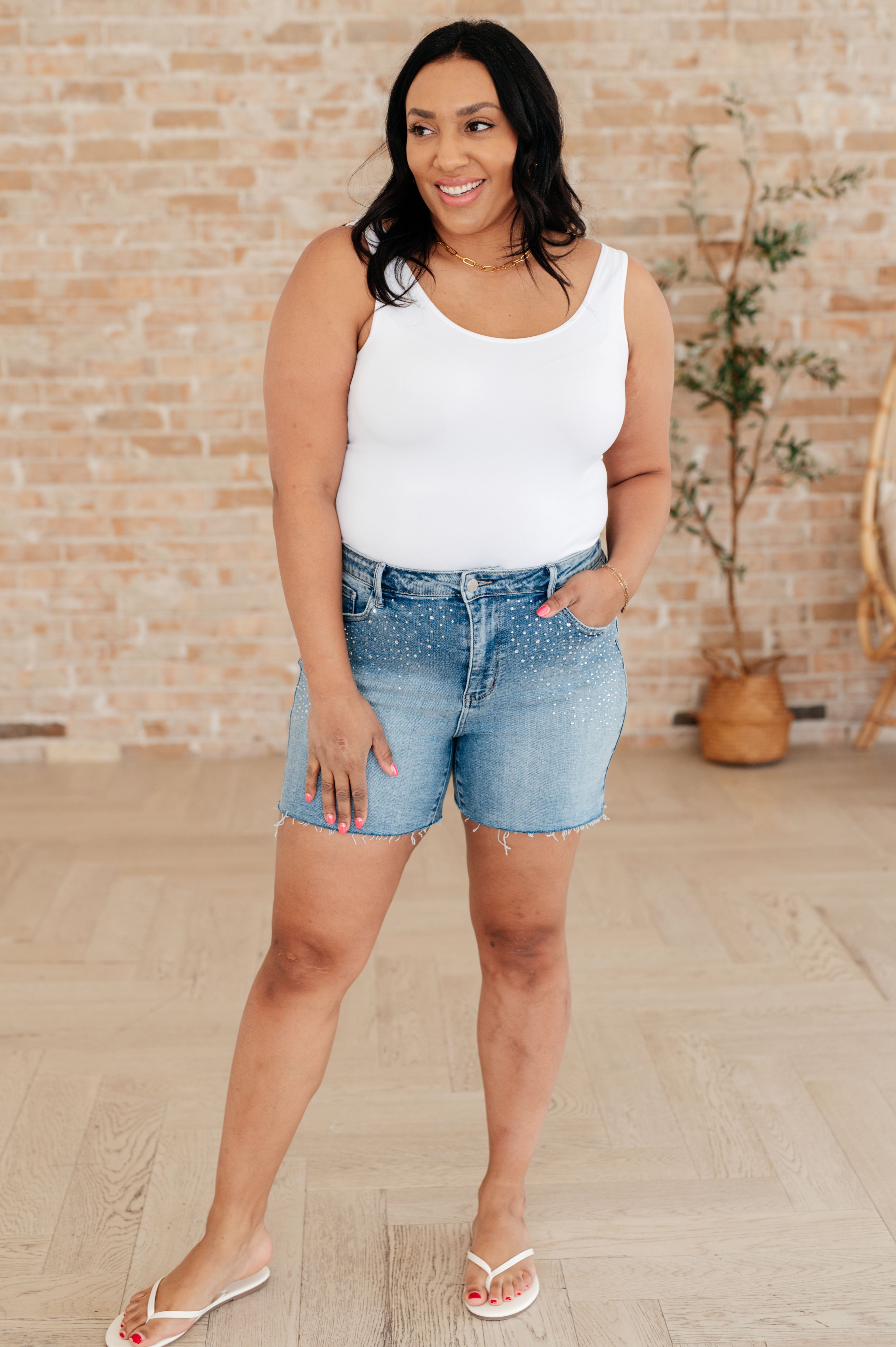 Elle High Rise Rhinestone Cutoff Denim Shorts for Women - Trendy Distressed Jean Shorts with Rhinestone Details | Perfect for Summer Outfits, Music Festivals & Beach Vacations